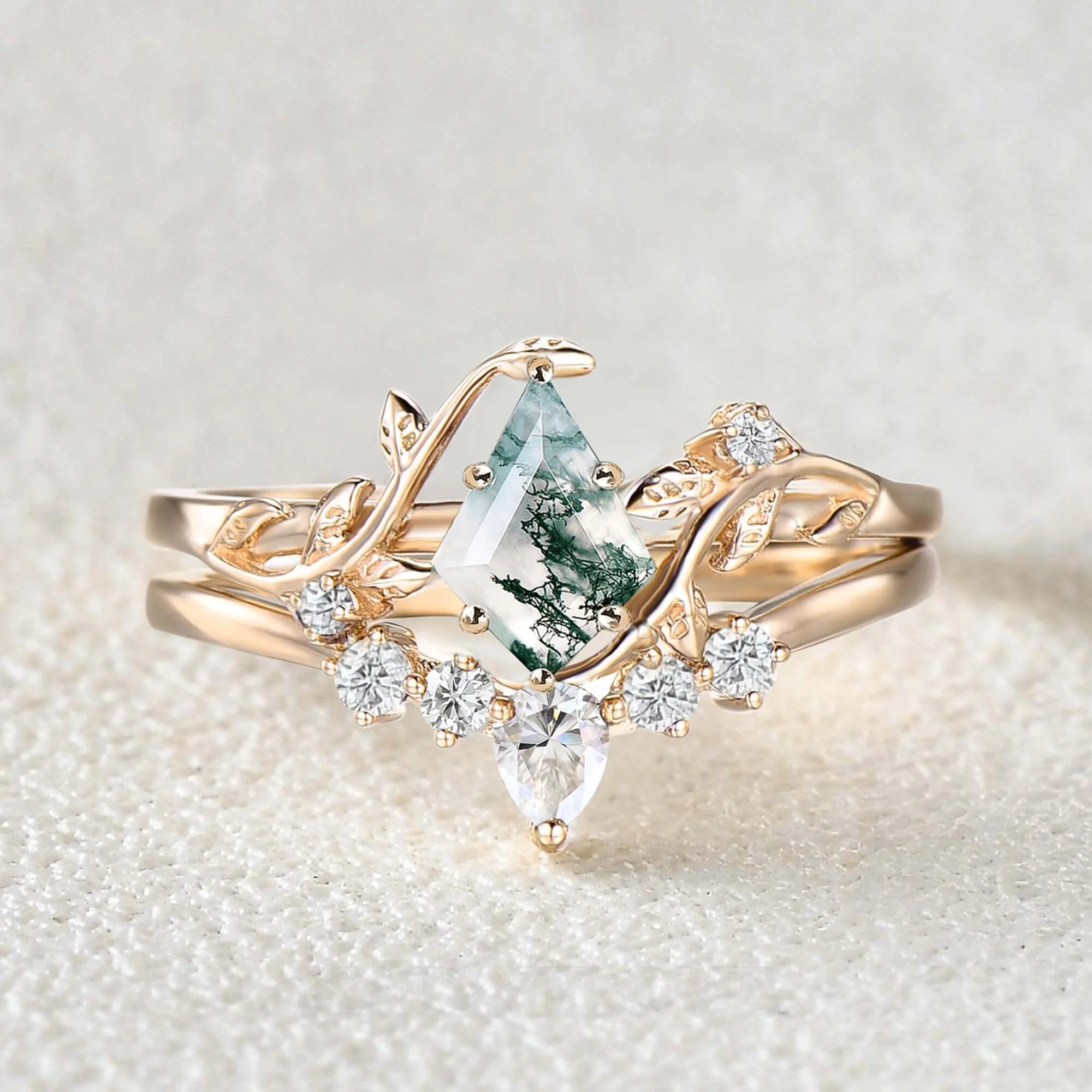 Kite Cut Green Moss Agate Nature Inspired Yellow Gold Sterling Silver Bridal Ring Set