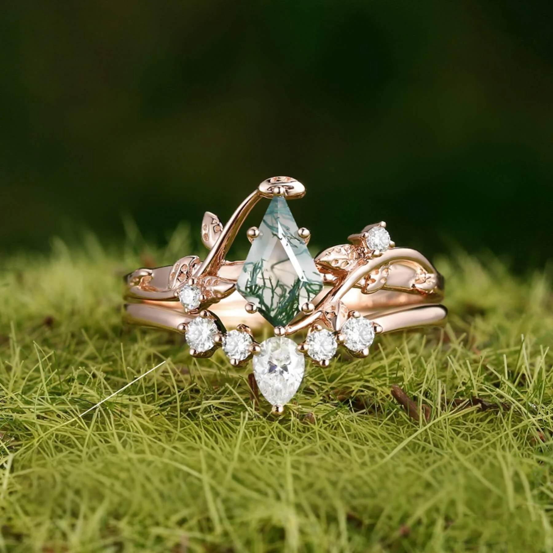 Kite Cut Green Moss Agate Nature Inspired Yellow Gold Sterling Silver Bridal Ring Set