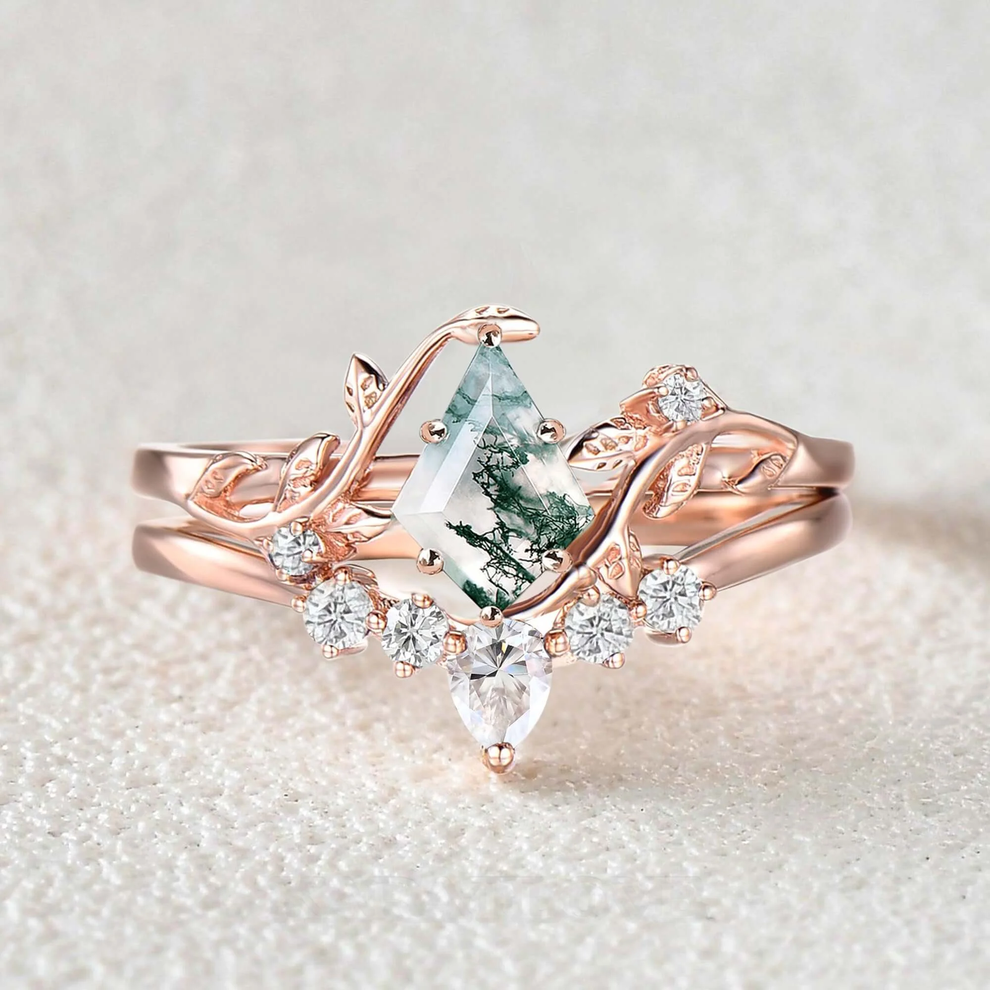 Kite Cut Green Moss Agate Nature Inspired Rose Gold Sterling Silver Bridal Ring Set