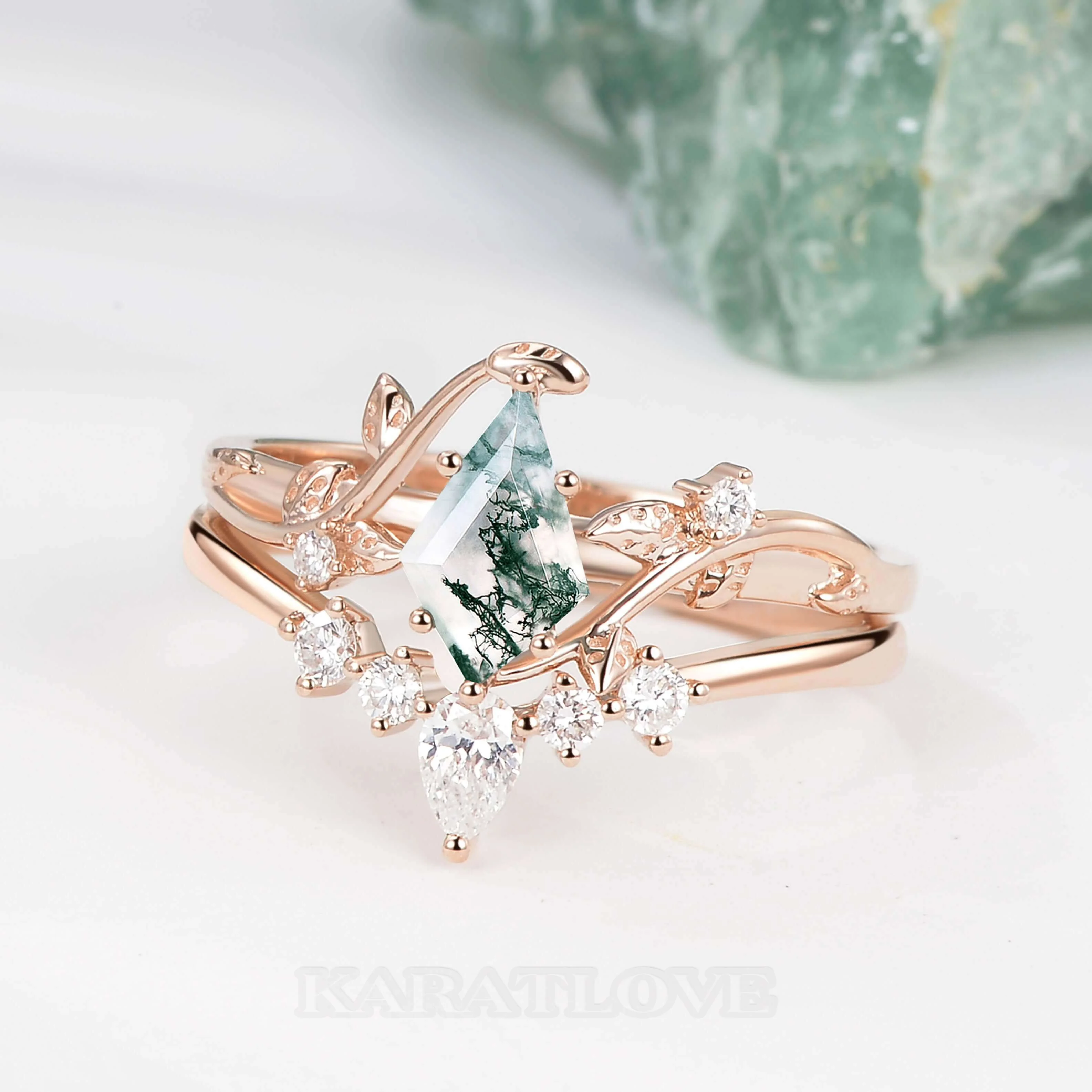 Kite Cut Green Moss Agate Nature Inspired Rose Gold Sterling Silver Bridal Ring Set