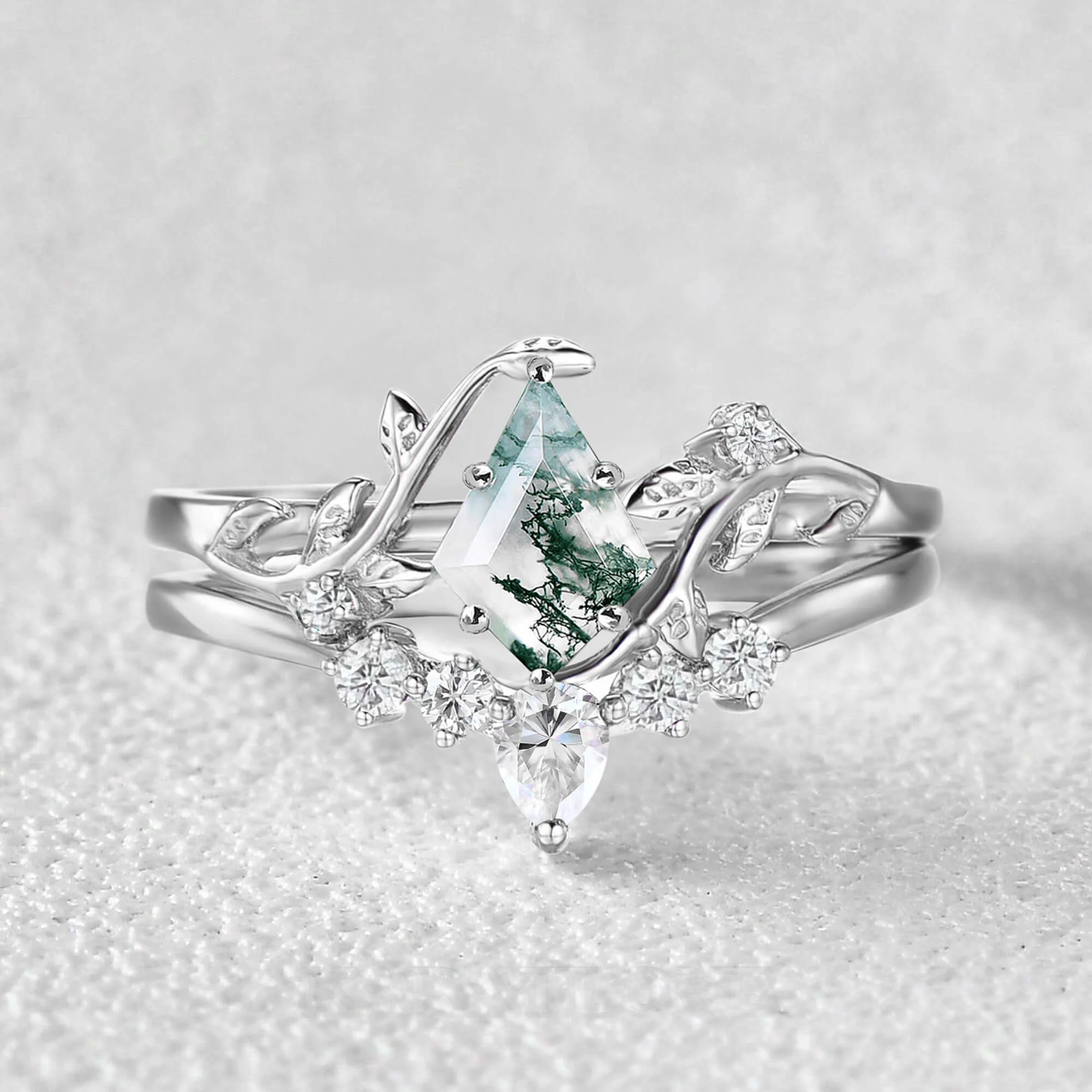 Kite Cut Green Moss Agate Nature Inspired Sterling Silver Bridal Ring Set