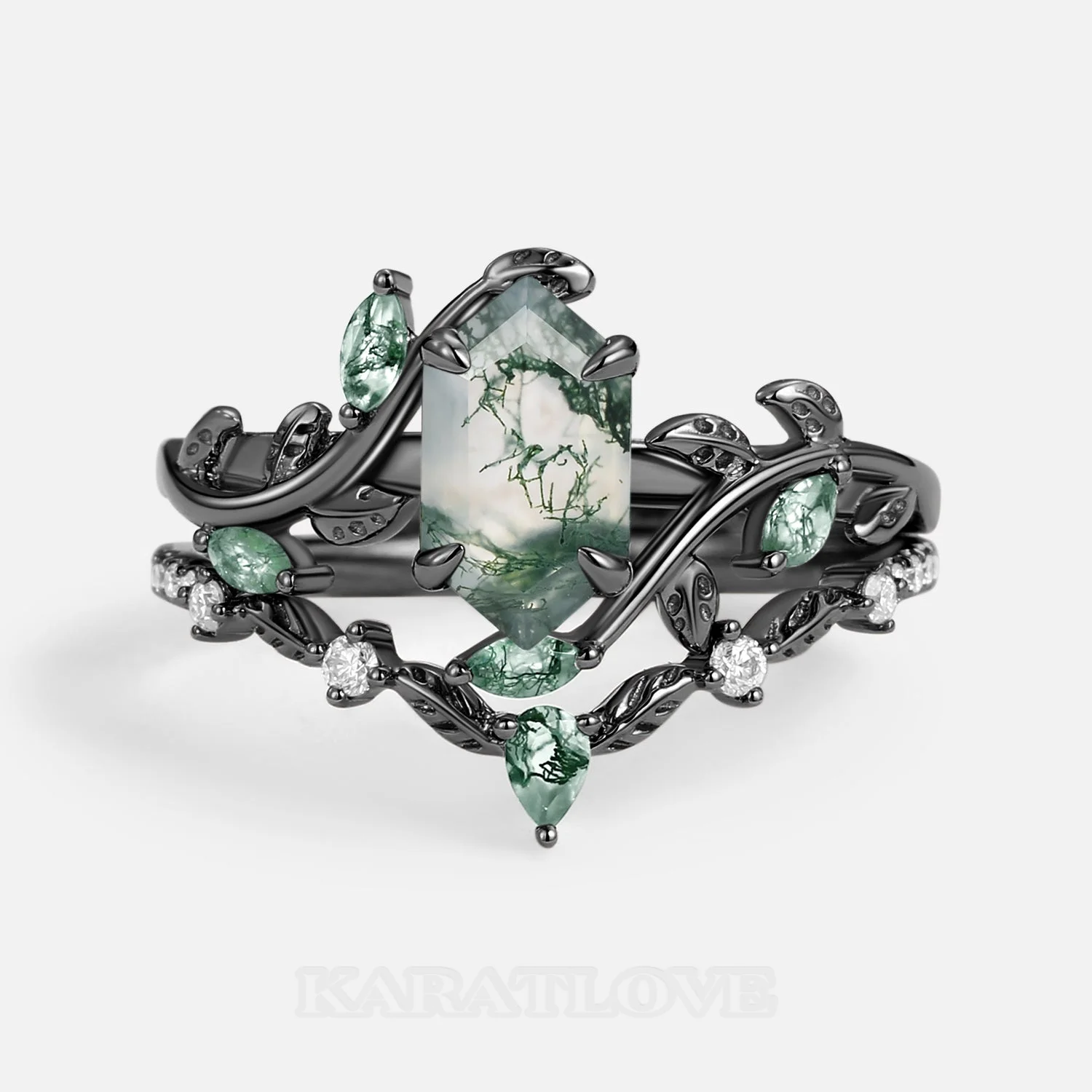Hexagonal Cut Green Moss Agate Nature Inspired Black Sterling Silver Bridal Ring Set