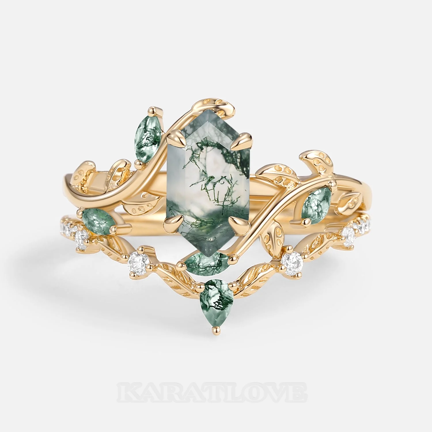 Hexagonal Cut Green Moss Agate Nature Inspired Yellow Gold Sterling Silver Bridal Ring Set