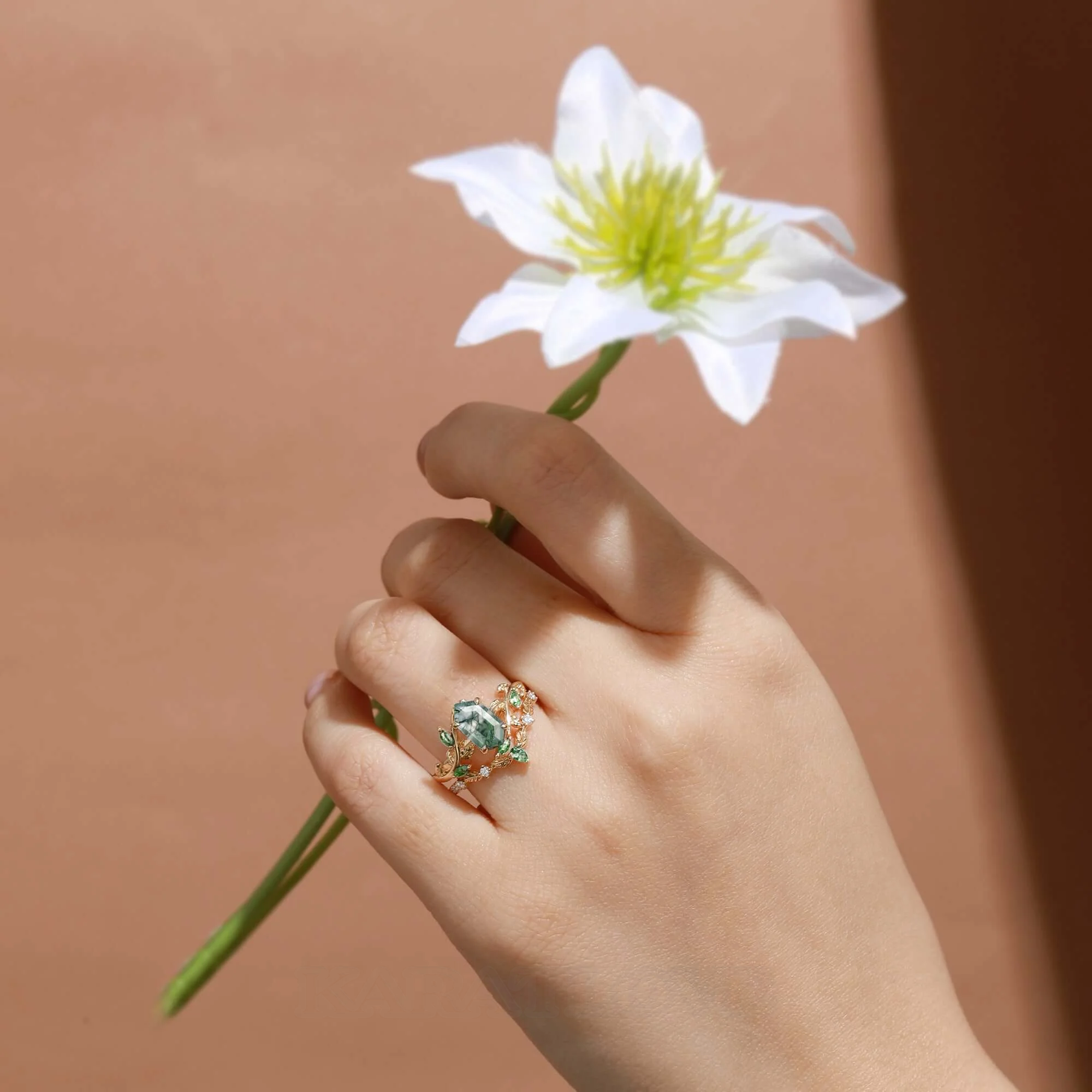 Hexagonal Cut Green Moss Agate Nature Inspired Yellow Gold Sterling Silver Bridal Ring Set