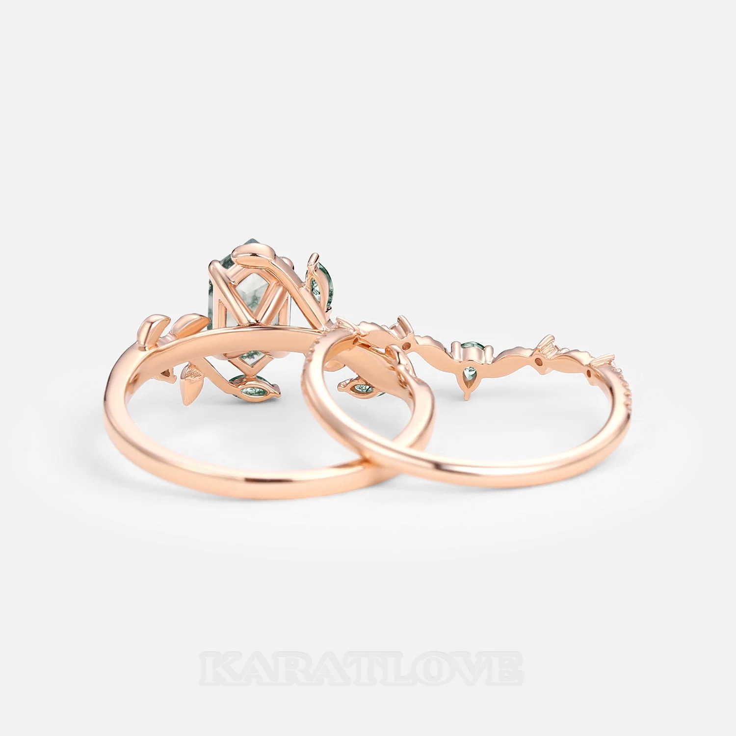 Hexagonal Cut Green Moss Agate Nature Inspired Rose Gold Sterling Silver Bridal Ring Set