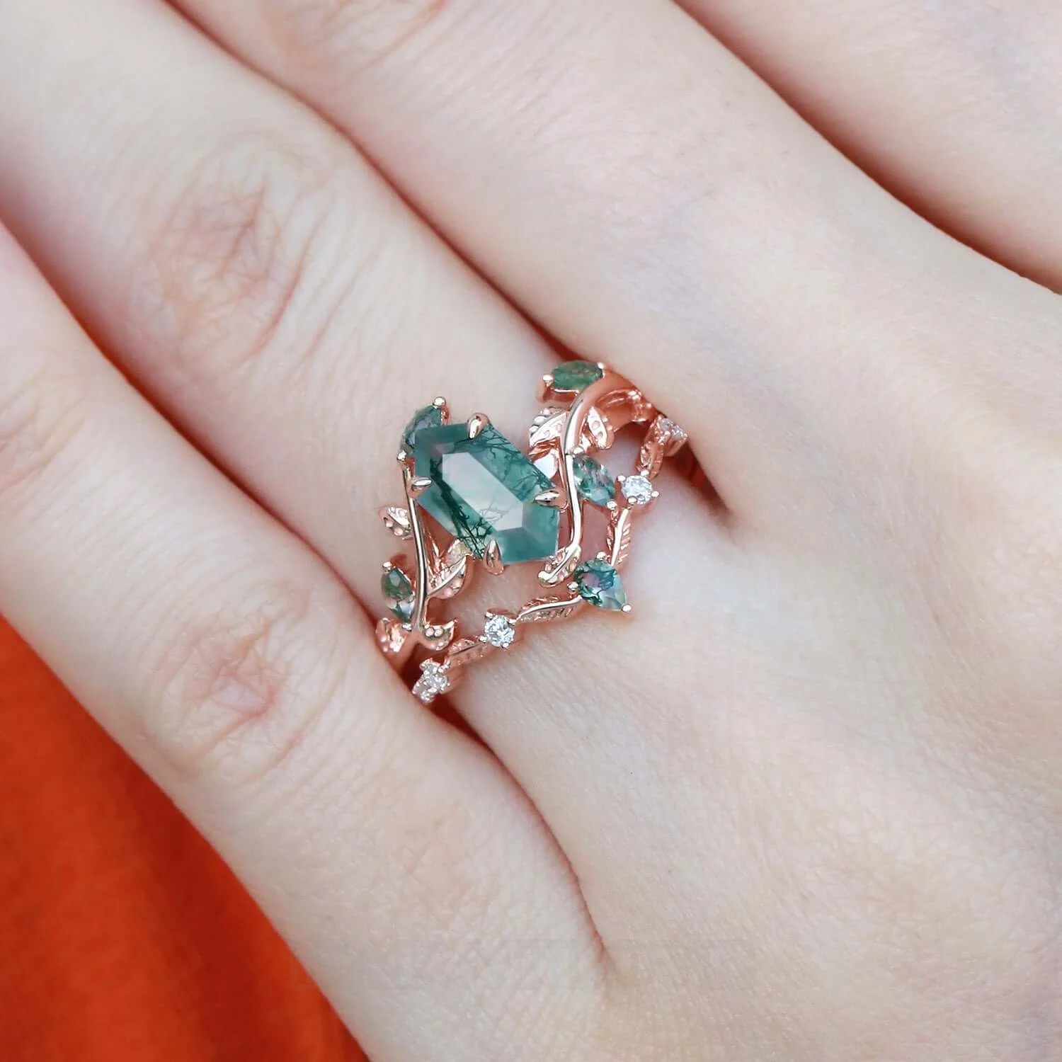 Hexagonal Cut Green Moss Agate Nature Inspired Rose Gold Sterling Silver Bridal Ring Set