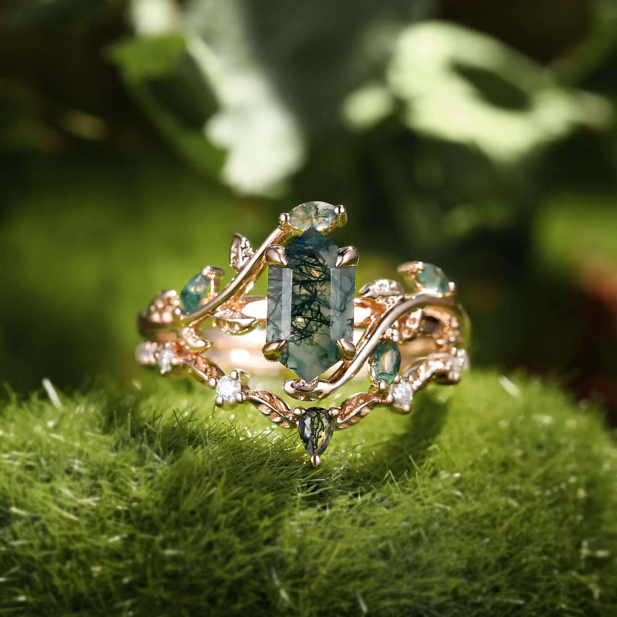 Hexagonal Cut Green Moss Agate Nature Inspired Rose Gold Sterling Silver Bridal Ring Set
