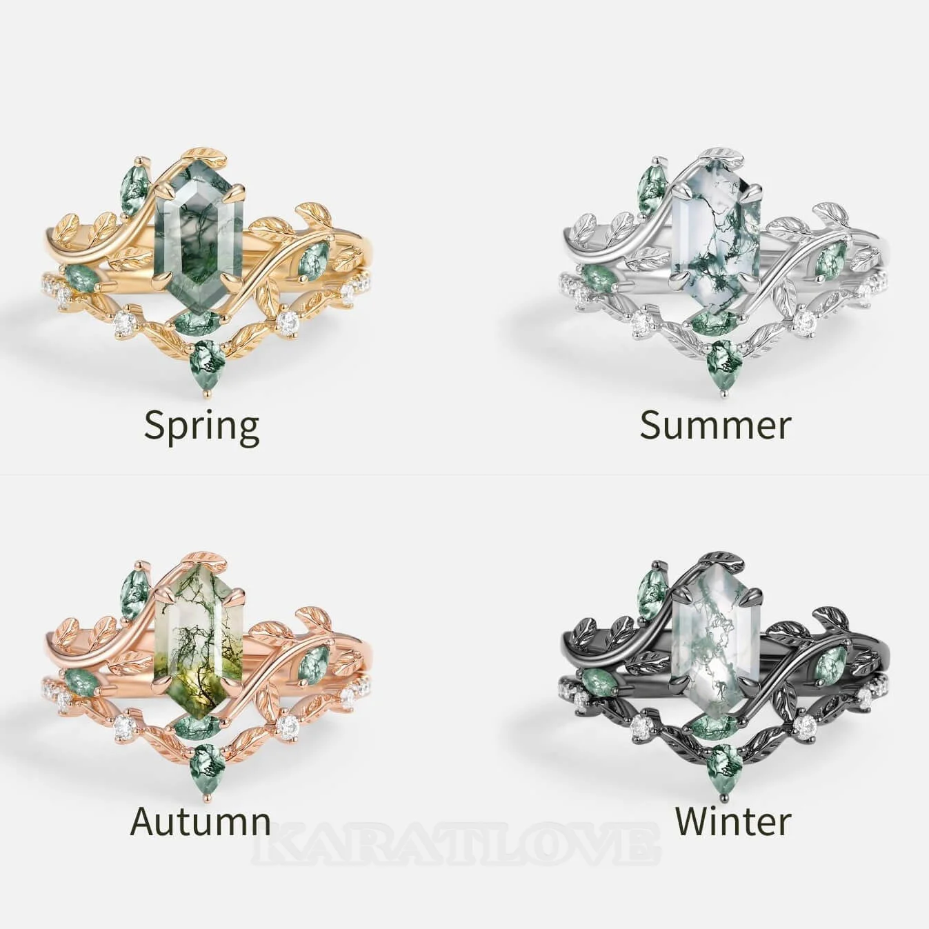 Hexagonal Cut Green Moss Agate Nature Inspired Rose Gold Sterling Silver Bridal Ring Set