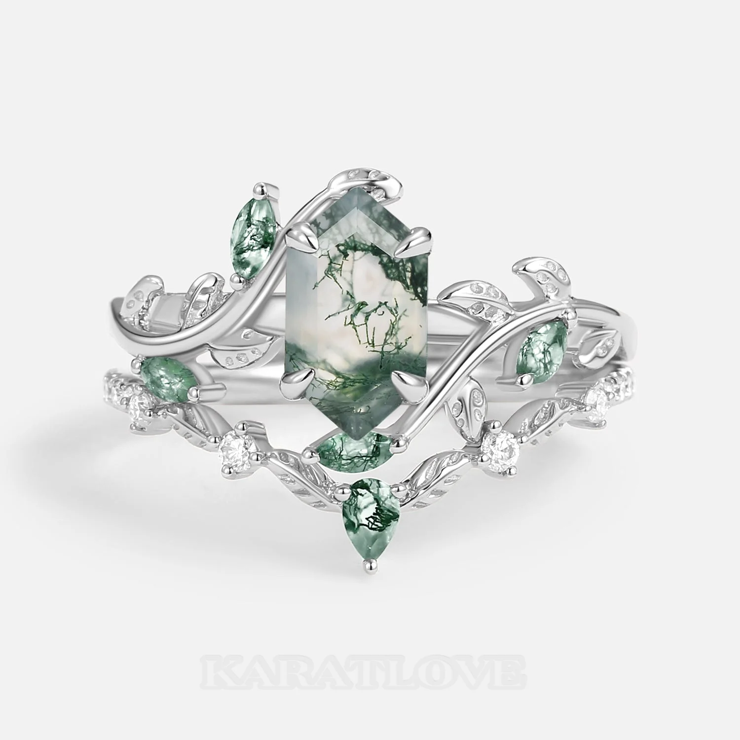 Hexagonal Cut Green Moss Agate Nature Inspired Sterling Silver Bridal Ring Set