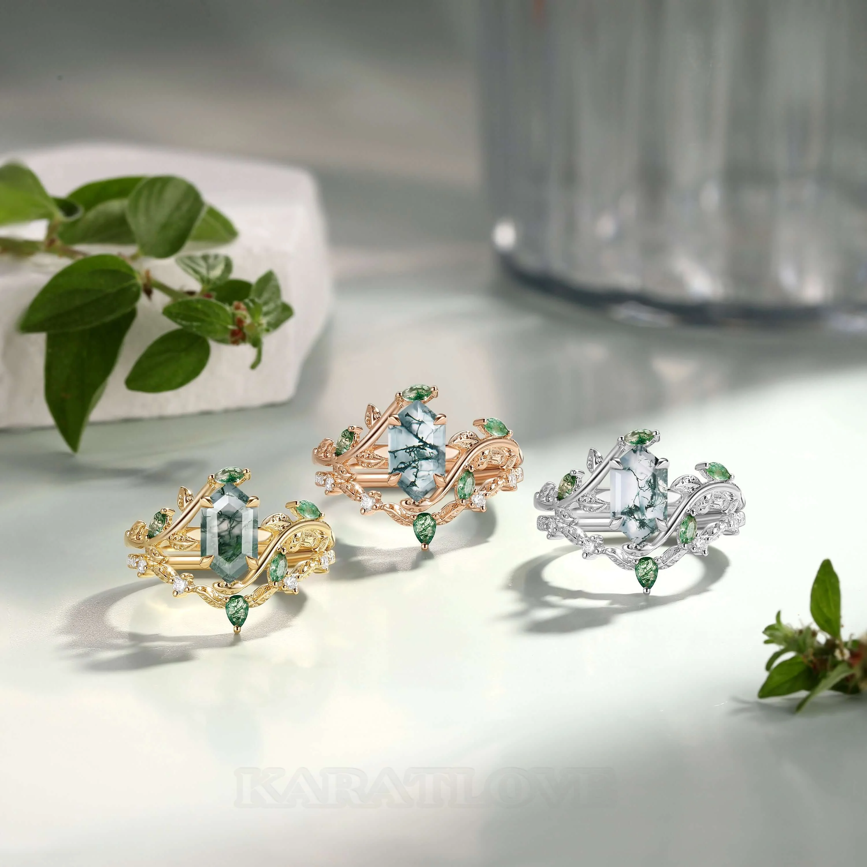 Hexagonal Cut Green Moss Agate Nature Inspired Sterling Silver Bridal Ring Set