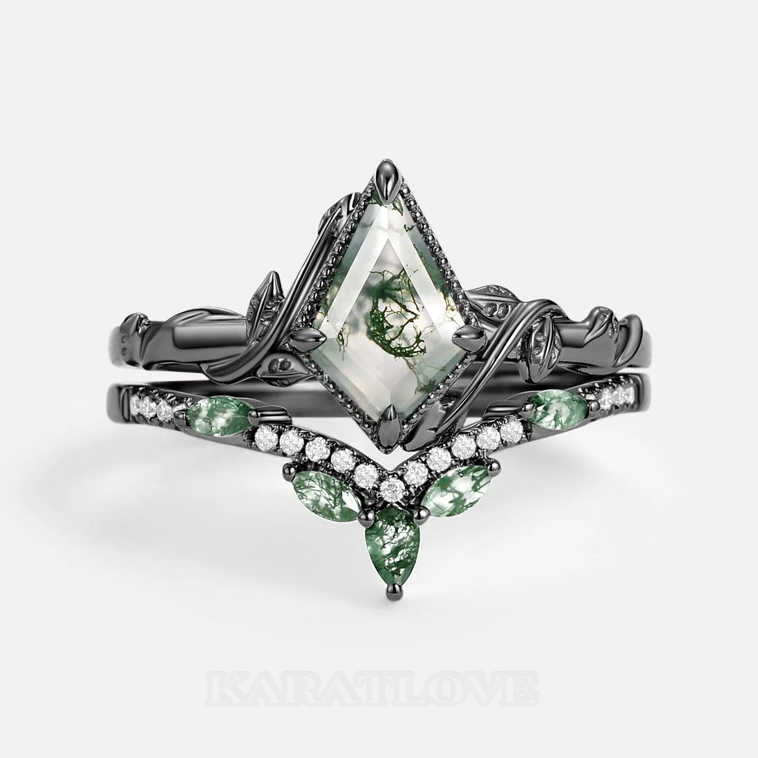 Kite Cut Green Moss Agate Nature Inspired Black Sterling Silver Bridal Ring Set