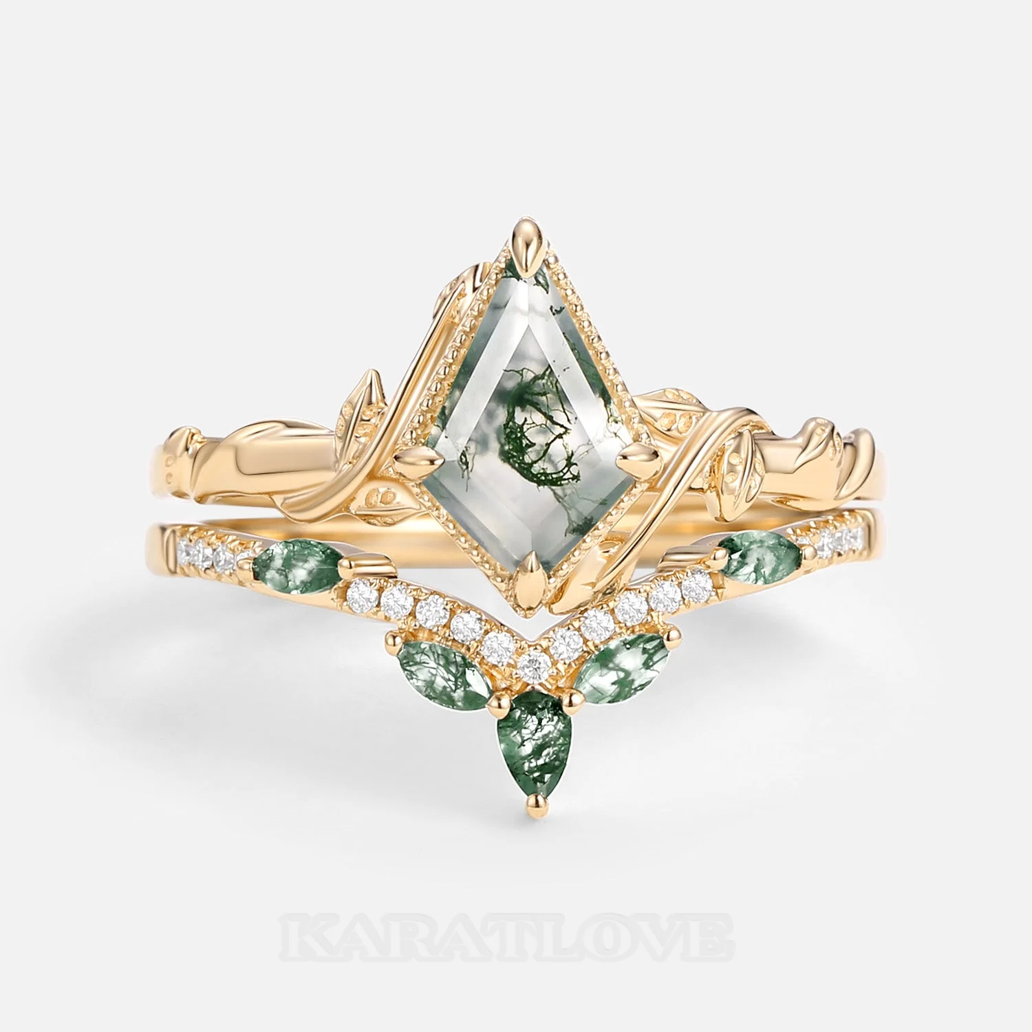 Kite Cut Green Moss Agate Nature Inspired Yellow Gold Sterling Silver Bridal Ring Set