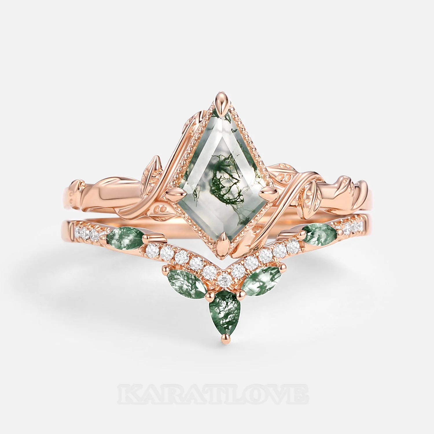 Kite Cut Green Moss Agate Nature Inspired Rose Gold Sterling Silver Bridal Ring Set