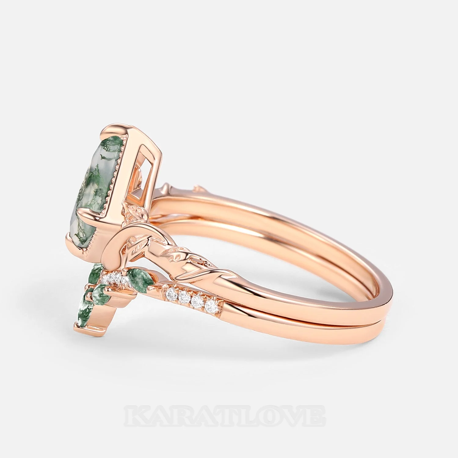 Kite Cut Green Moss Agate Nature Inspired Rose Gold Sterling Silver Bridal Ring Set
