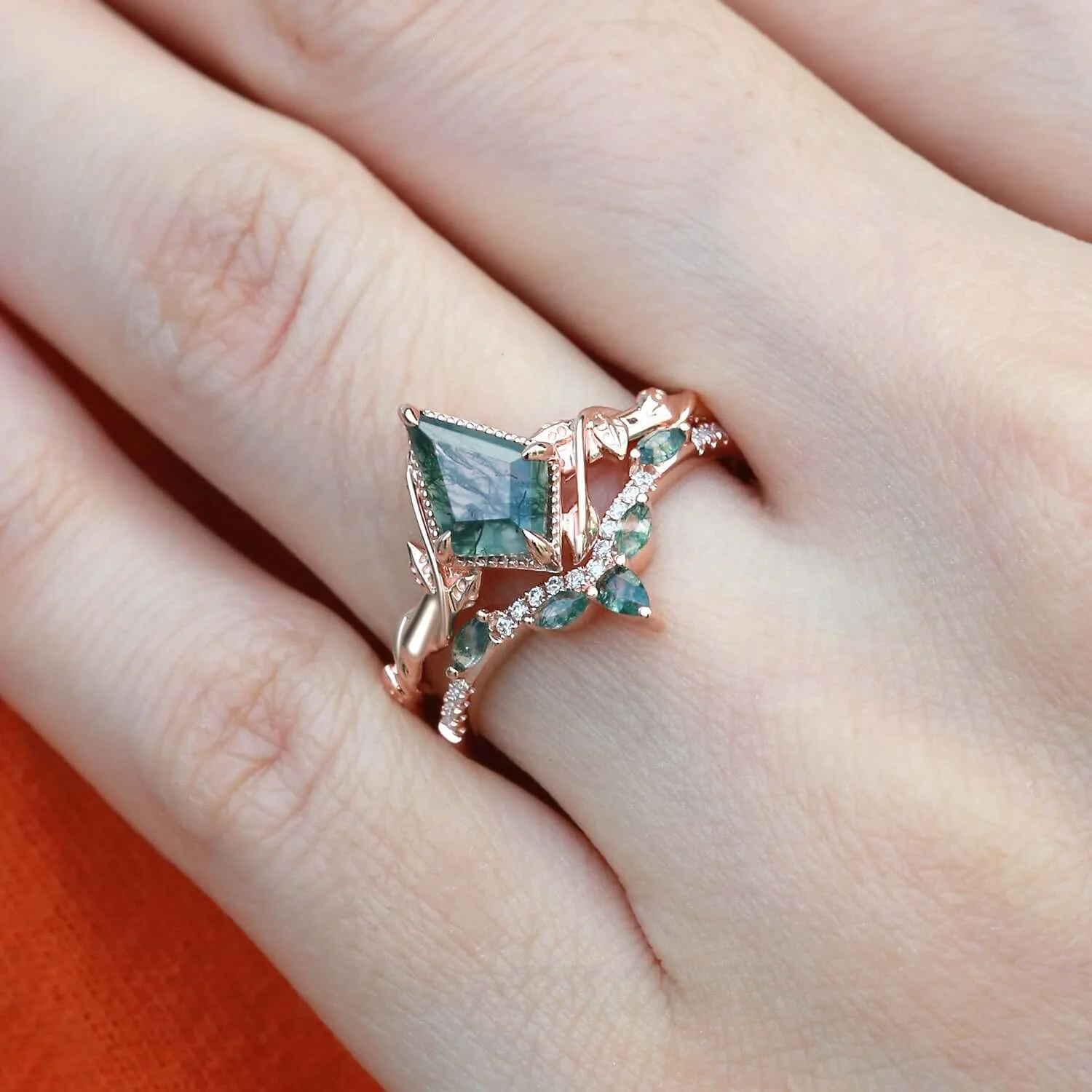 Kite Cut Green Moss Agate Nature Inspired Rose Gold Sterling Silver Bridal Ring Set