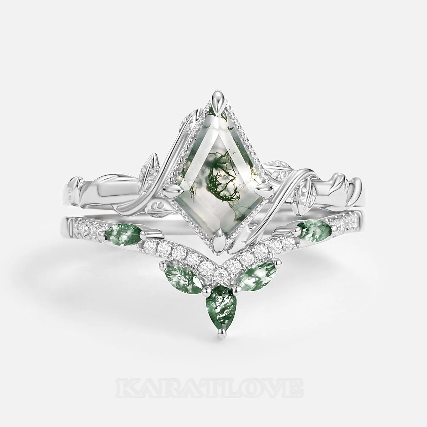Kite Cut Green Moss Agate Nature Inspired Sterling Silver Bridal Ring Set