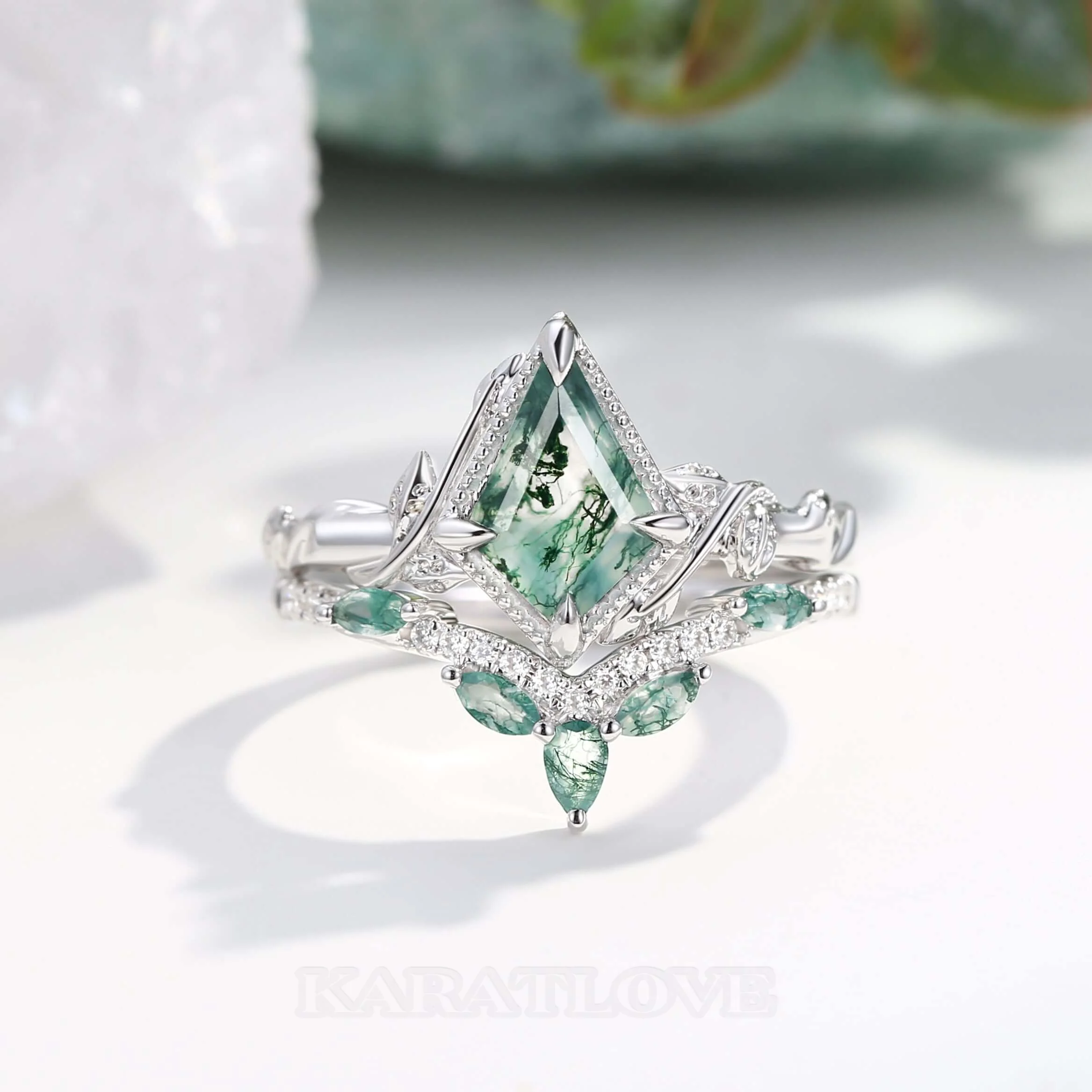 Kite Cut Green Moss Agate Nature Inspired Sterling Silver Bridal Ring Set