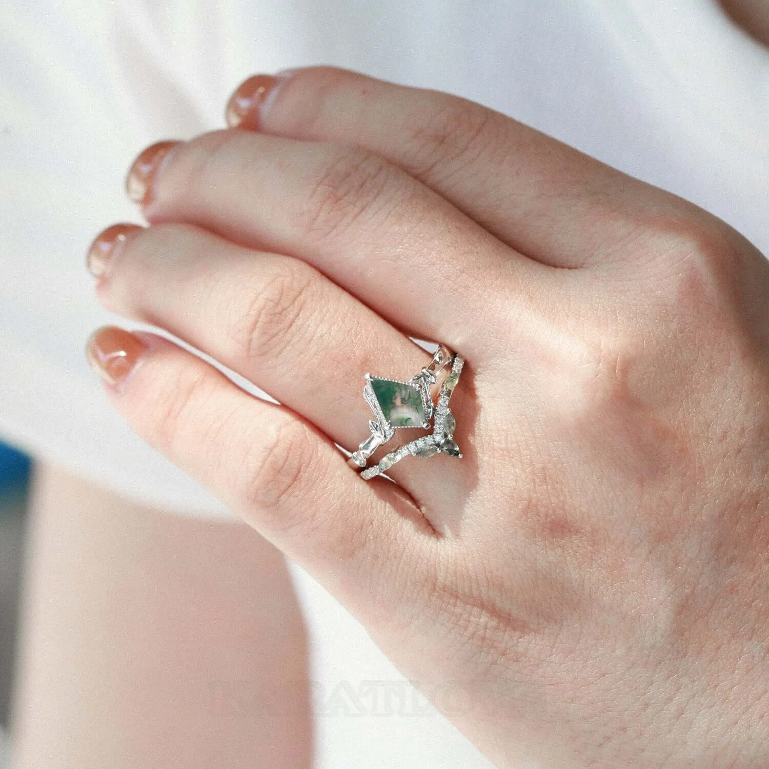 Kite Cut Green Moss Agate Nature Inspired Sterling Silver Bridal Ring Set