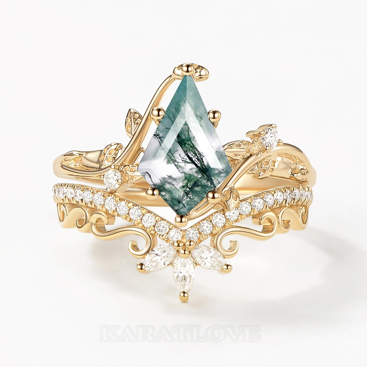 Kite Cut Green Moss Agate Nature Inspired Yellow Gold Sterling Silver Bridal Ring Set