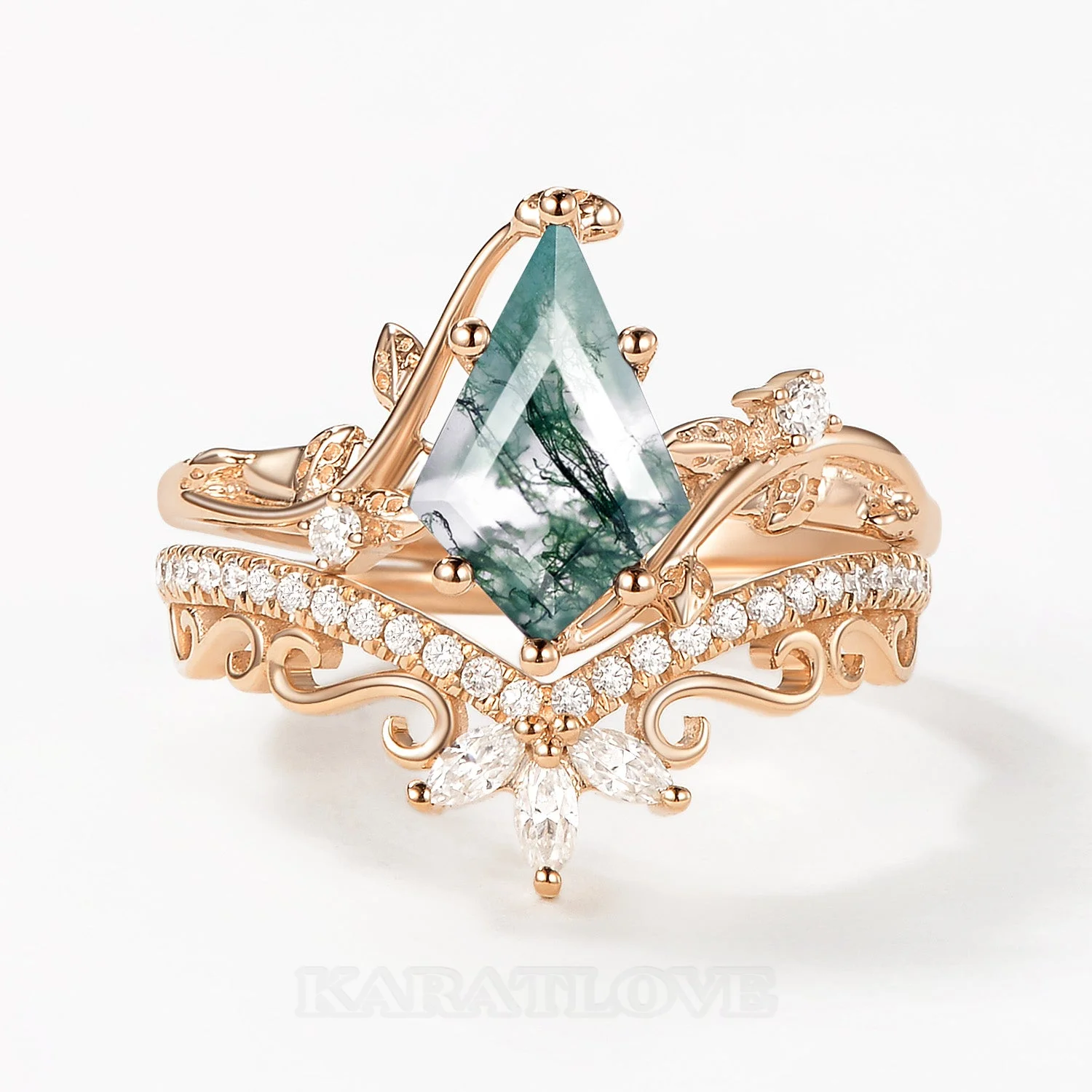 Kite Cut Green Moss Agate Nature Inspired Rose Gold Sterling Silver Bridal Ring Set