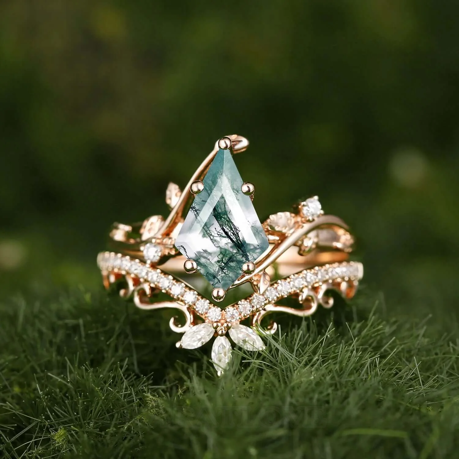 Kite Cut Green Moss Agate Nature Inspired Rose Gold Sterling Silver Bridal Ring Set