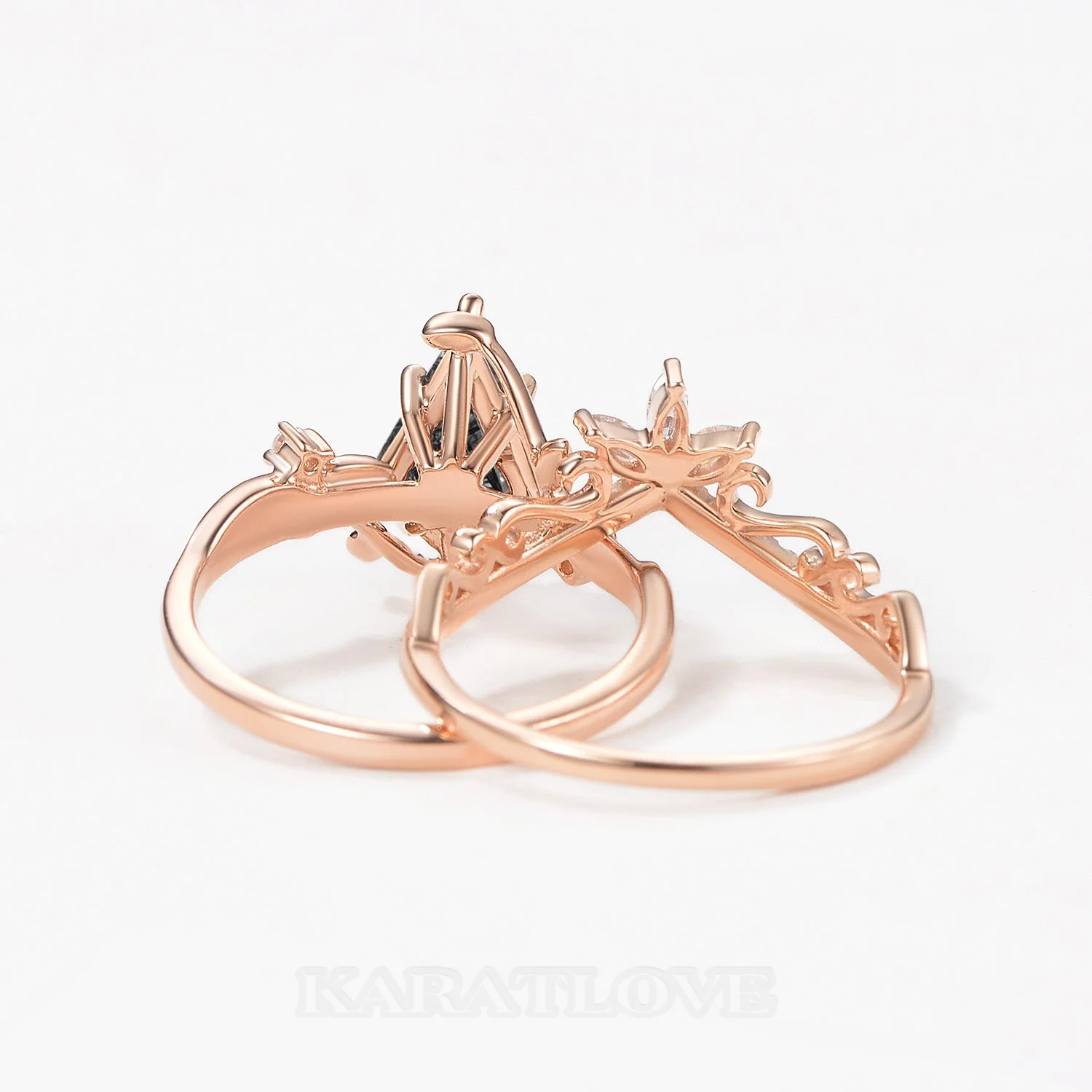 Kite Cut Green Moss Agate Nature Inspired Rose Gold Sterling Silver Bridal Ring Set