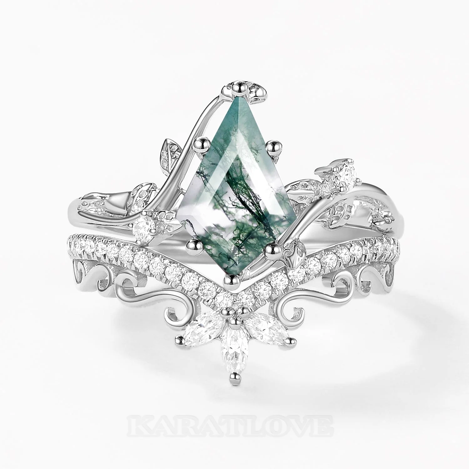 Kite Cut Green Moss Agate Nature Inspired Sterling Silver Bridal Ring Set