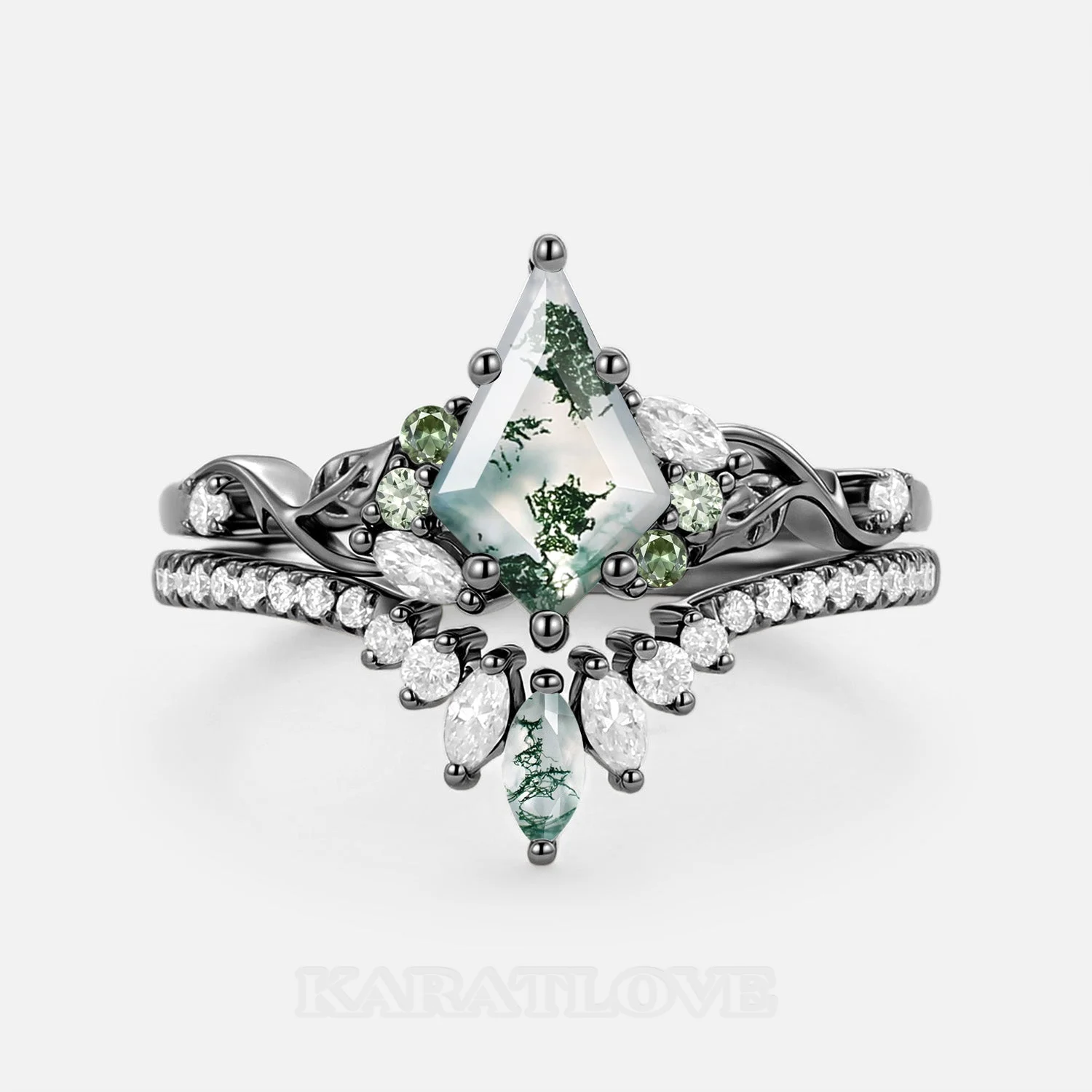 Kite Cut Green Moss Agate Nature Inspired Black Sterling Silver Bridal Ring Set