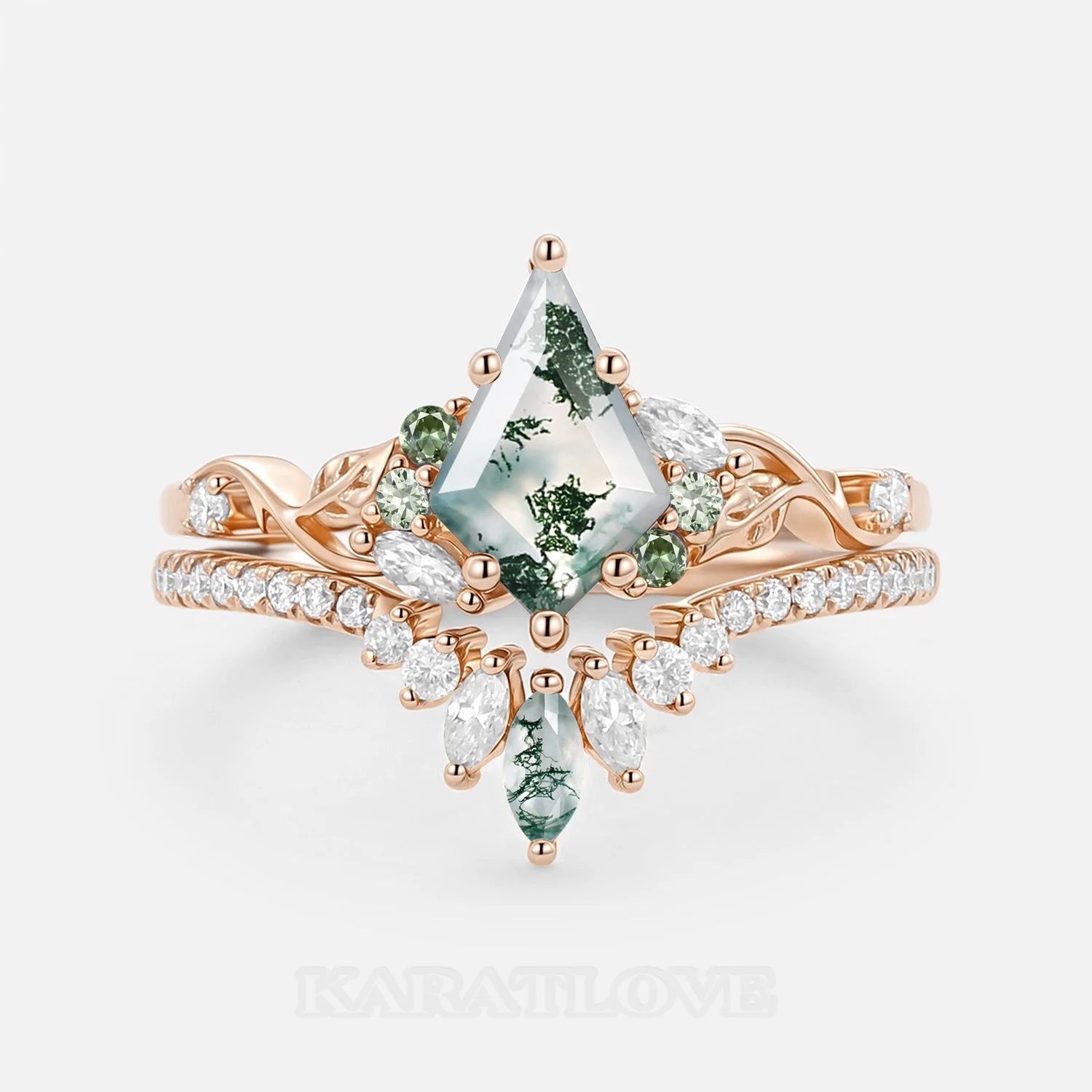 Kite Cut Green Moss Agate Nature Inspired Rose Gold Sterling Silver Bridal Ring Set