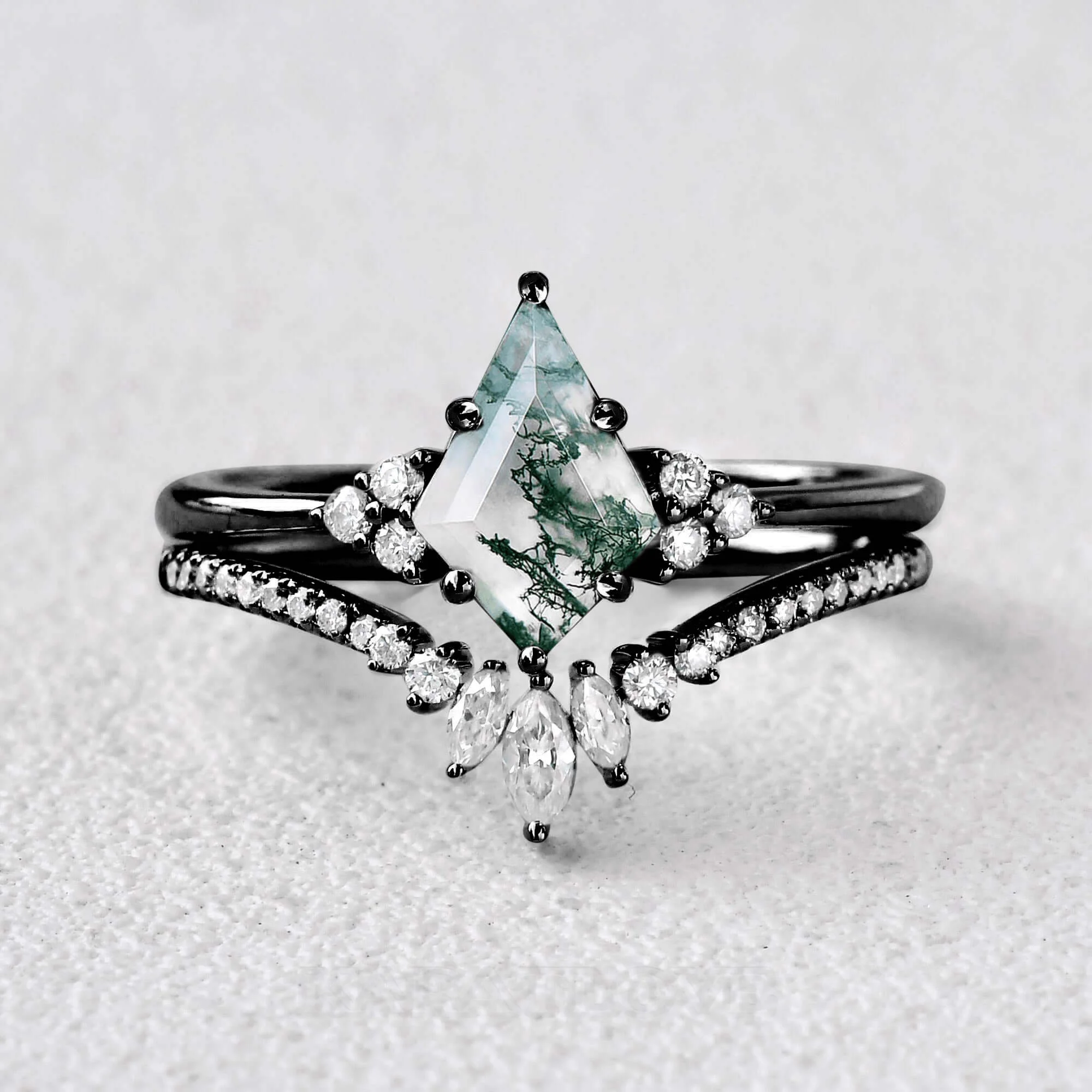 Kite Cut Green Moss Agate Nature Inspired Black Sterling Silver Bridal Ring Set