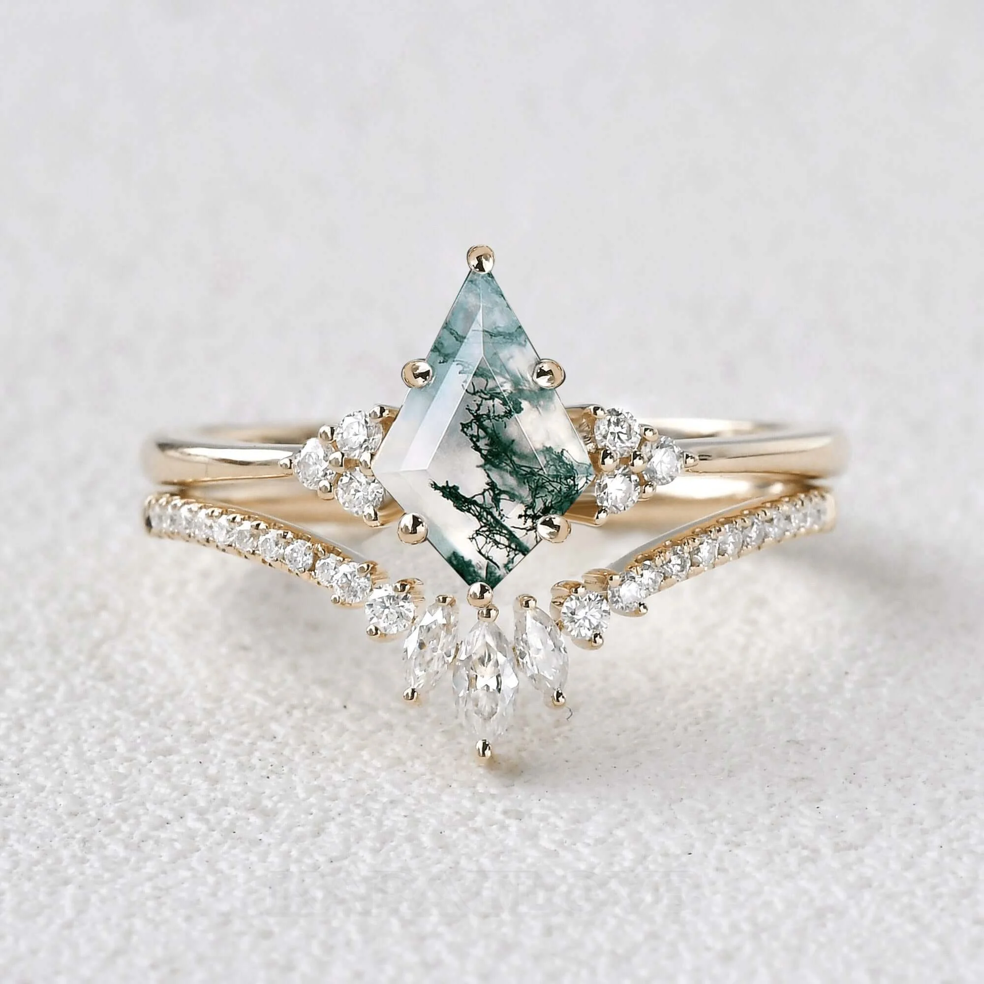 Kite Cut Green Moss Agate Nature Inspired Yellow Gold Sterling Silver Bridal Ring Set