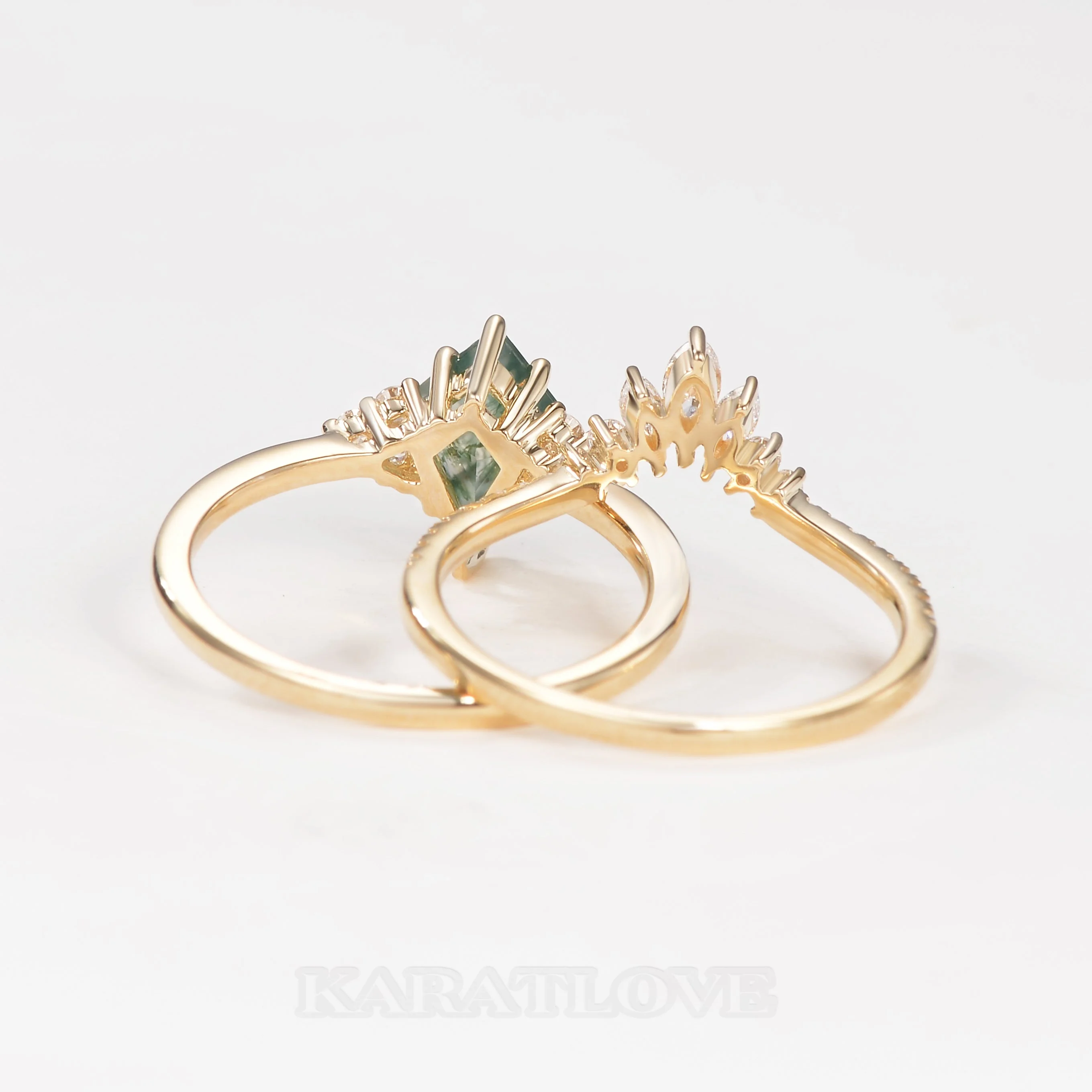 Kite Cut Green Moss Agate Nature Inspired Yellow Gold Sterling Silver Bridal Ring Set