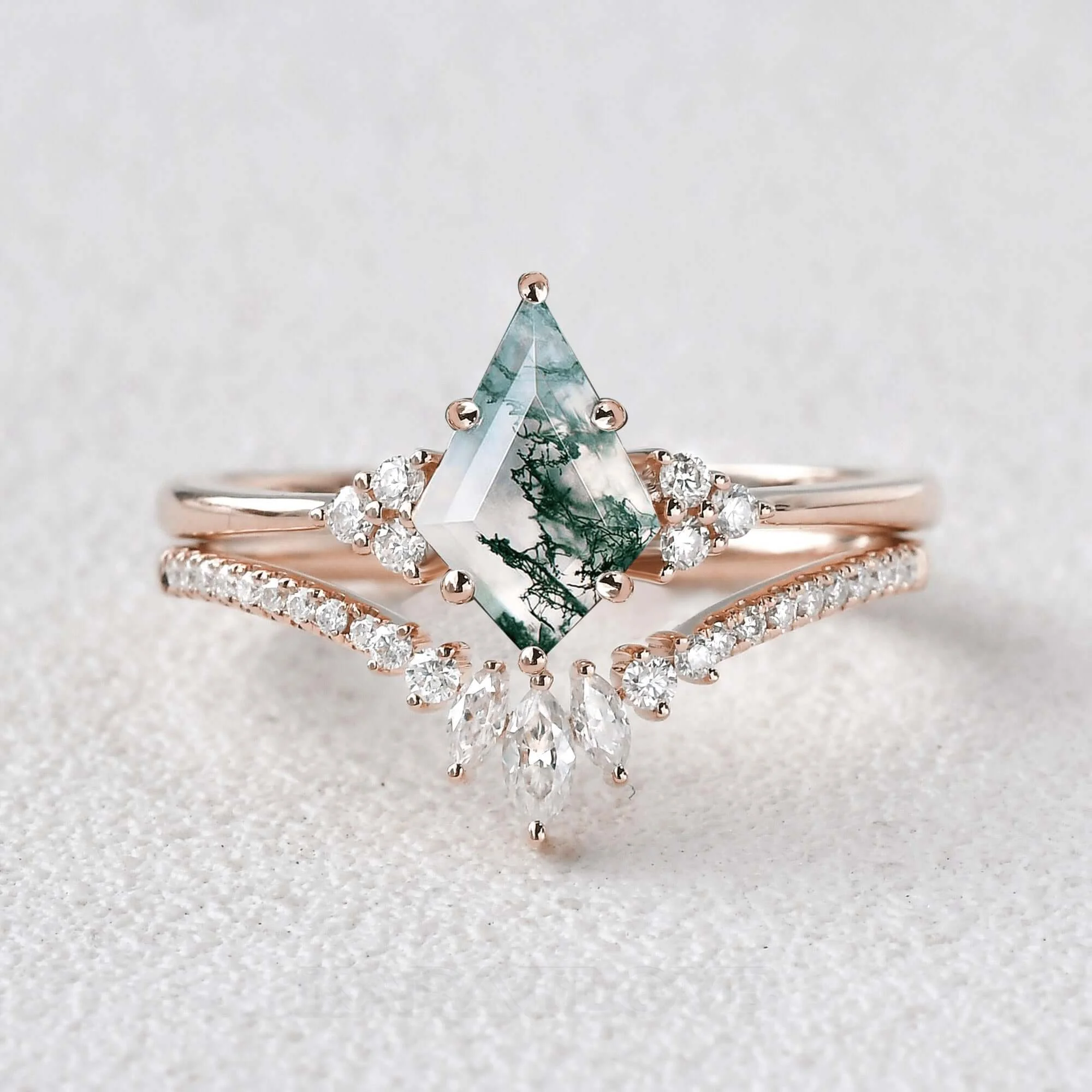 Kite Cut Green Moss Agate Nature Inspired Rose Gold Sterling Silver Bridal Ring Set