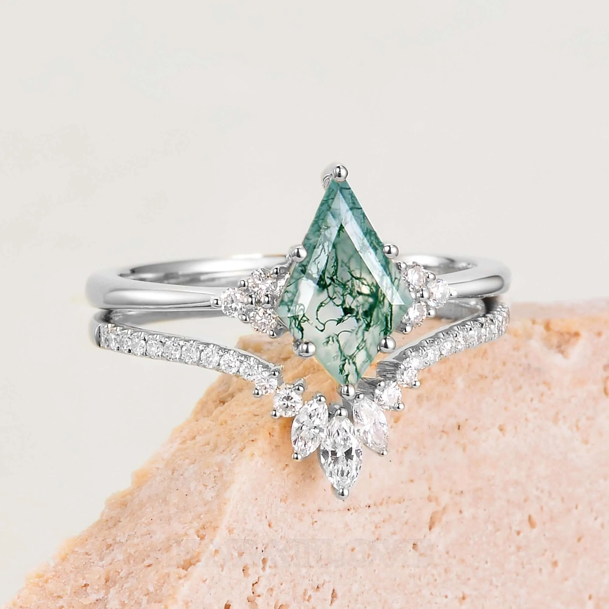 Kite Cut Green Moss Agate Nature Inspired Sterling Silver Bridal Ring Set