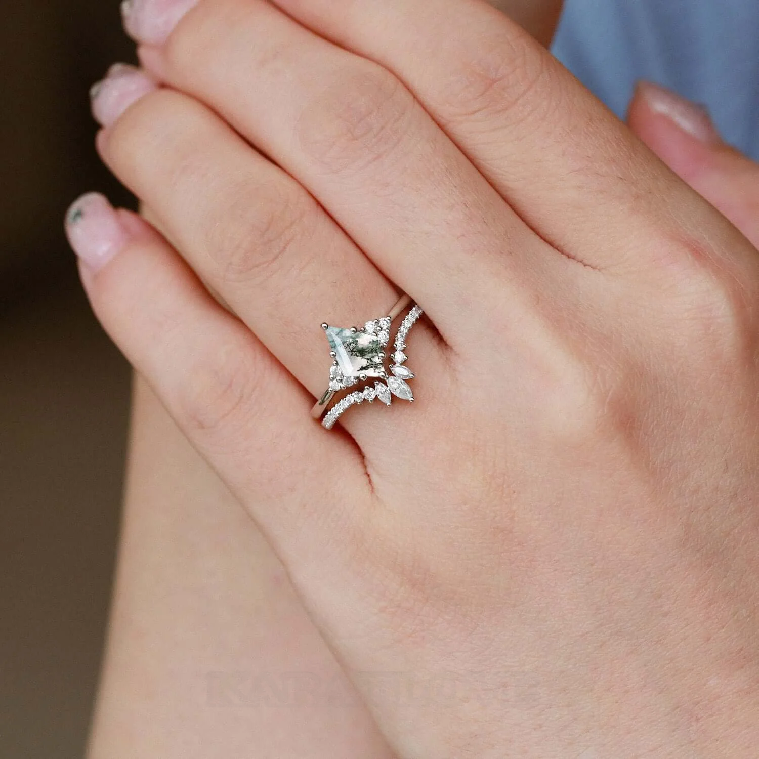 Kite Cut Green Moss Agate Nature Inspired Sterling Silver Bridal Ring Set