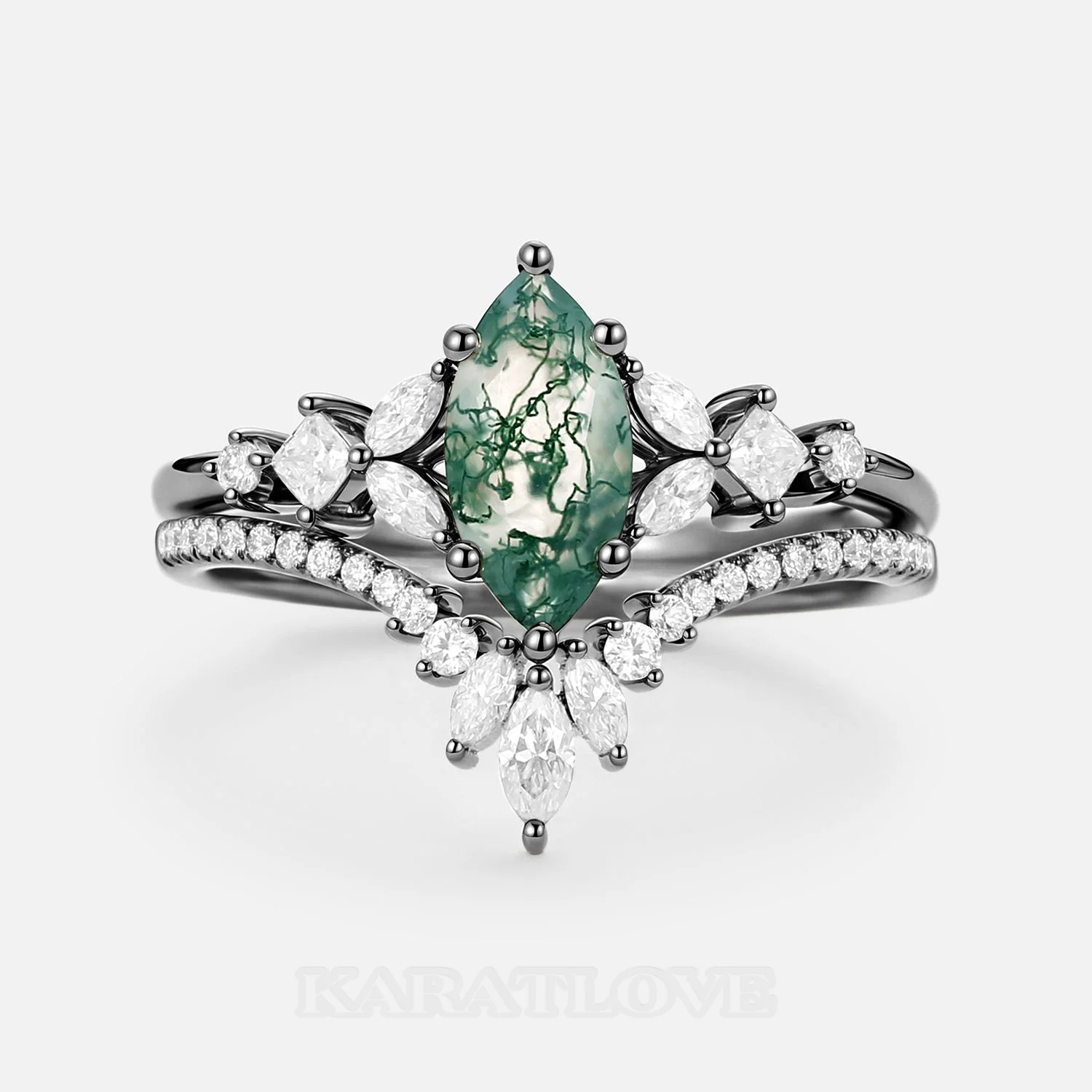 Marquise Cut Green Moss Agate Nature Inspired Black Sterling Silver Bridal Ring Set