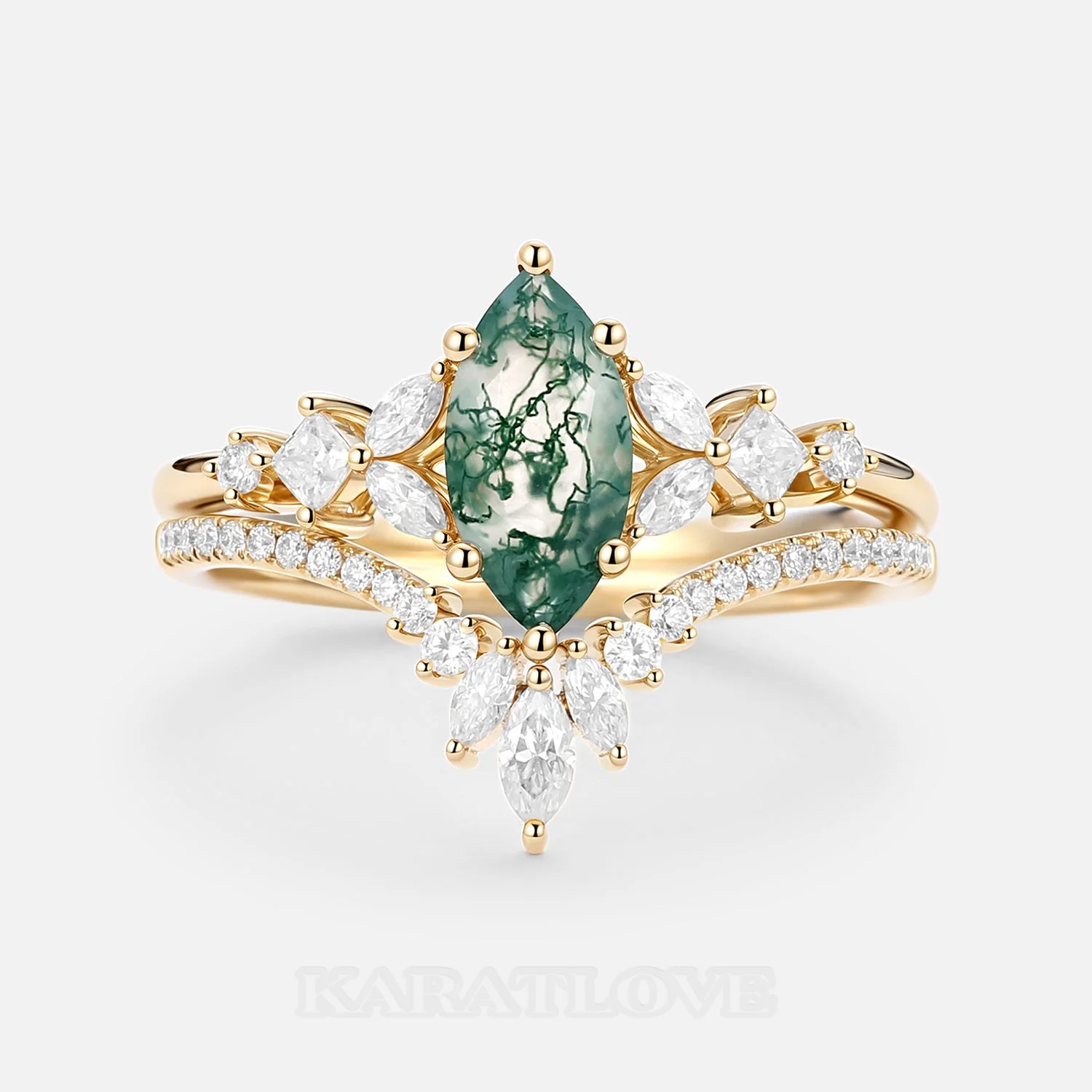 Marquise Cut Green Moss Agate Nature Inspired Yellow Gold Sterling Silver Bridal Ring Set