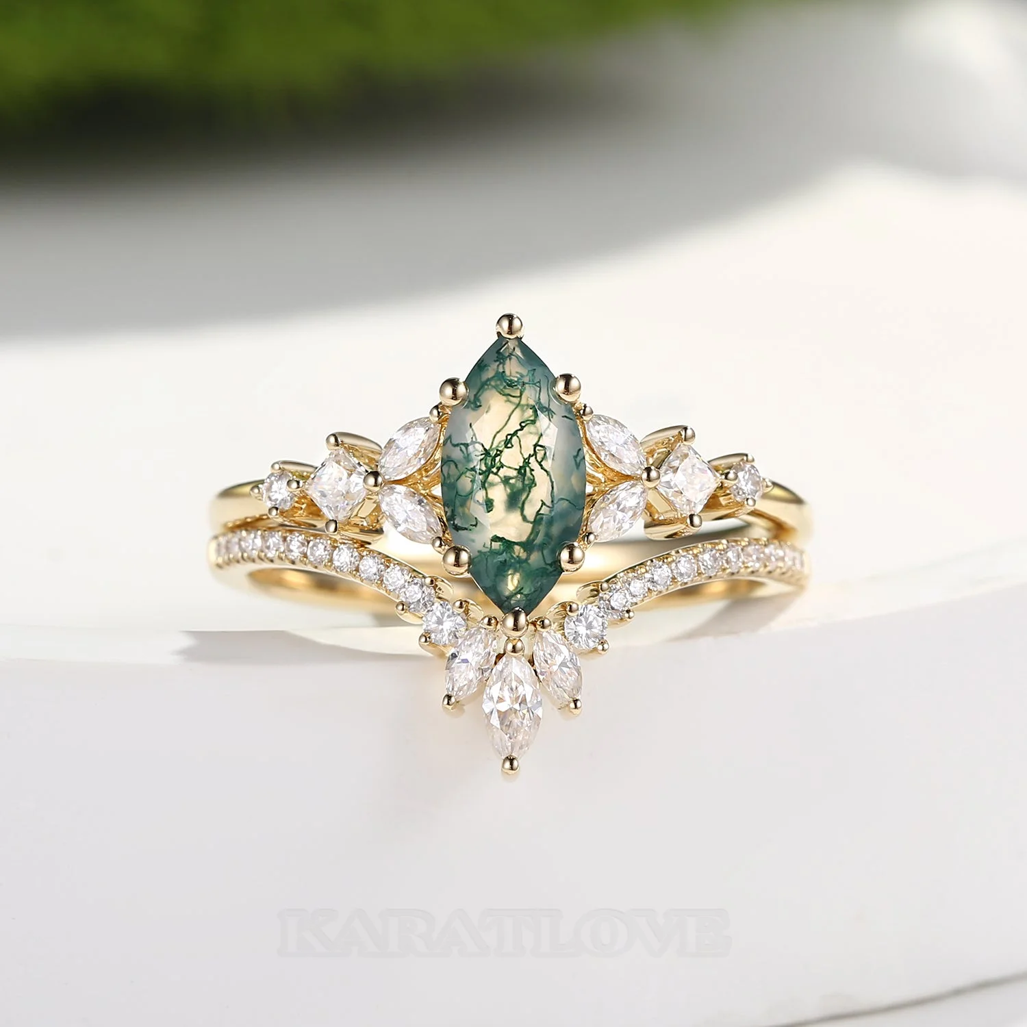 Marquise Cut Green Moss Agate Nature Inspired Yellow Gold Sterling Silver Bridal Ring Set
