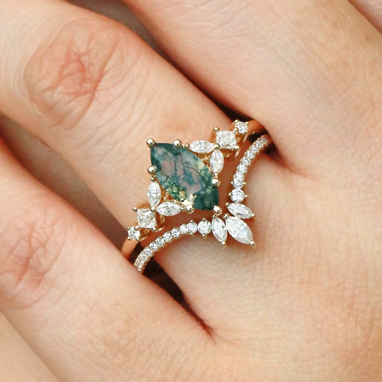 Marquise Cut Green Moss Agate Nature Inspired Yellow Gold Sterling Silver Bridal Ring Set