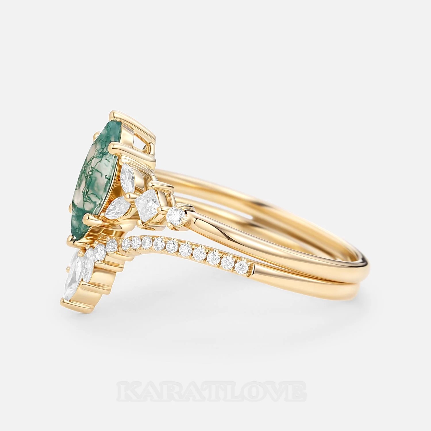 Marquise Cut Green Moss Agate Nature Inspired Yellow Gold Sterling Silver Bridal Ring Set