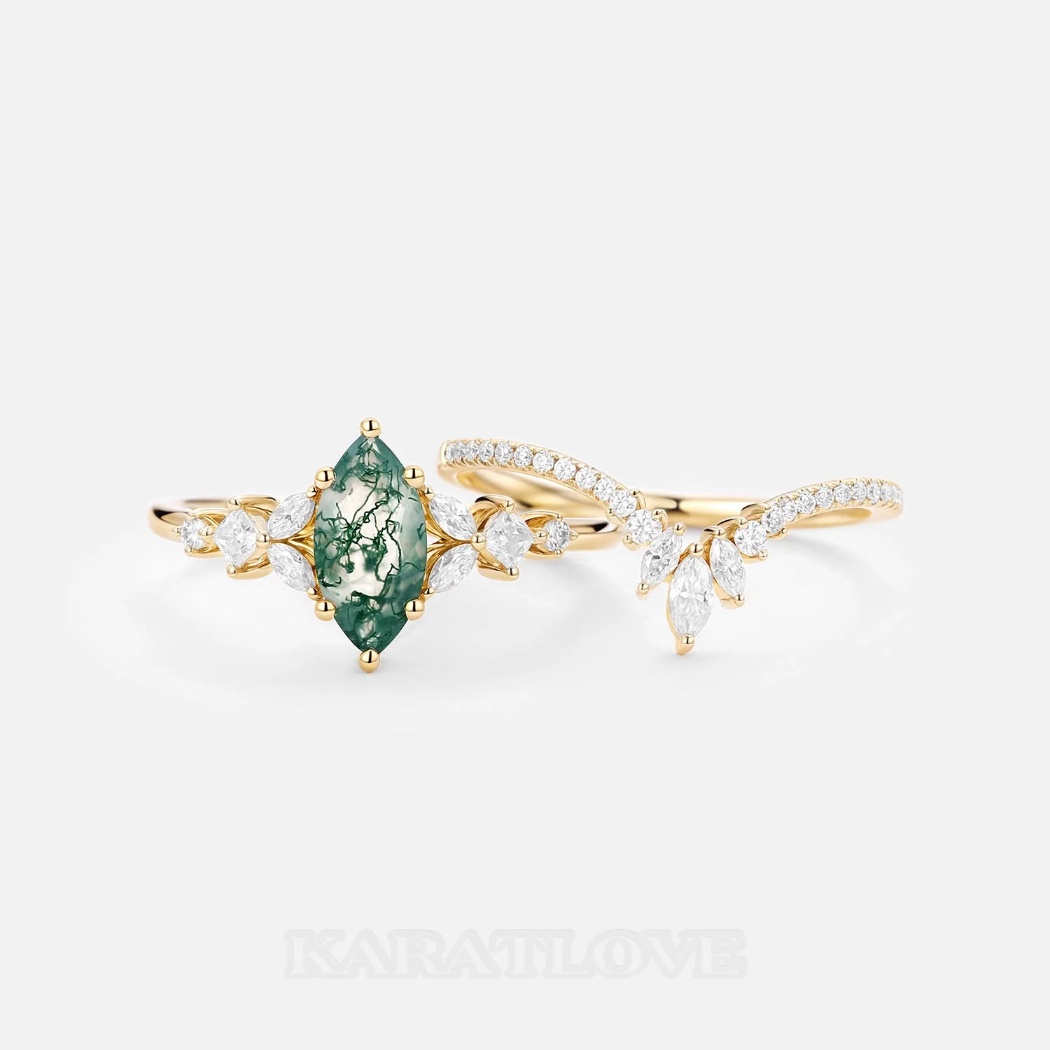 Marquise Cut Green Moss Agate Nature Inspired Yellow Gold Sterling Silver Bridal Ring Set