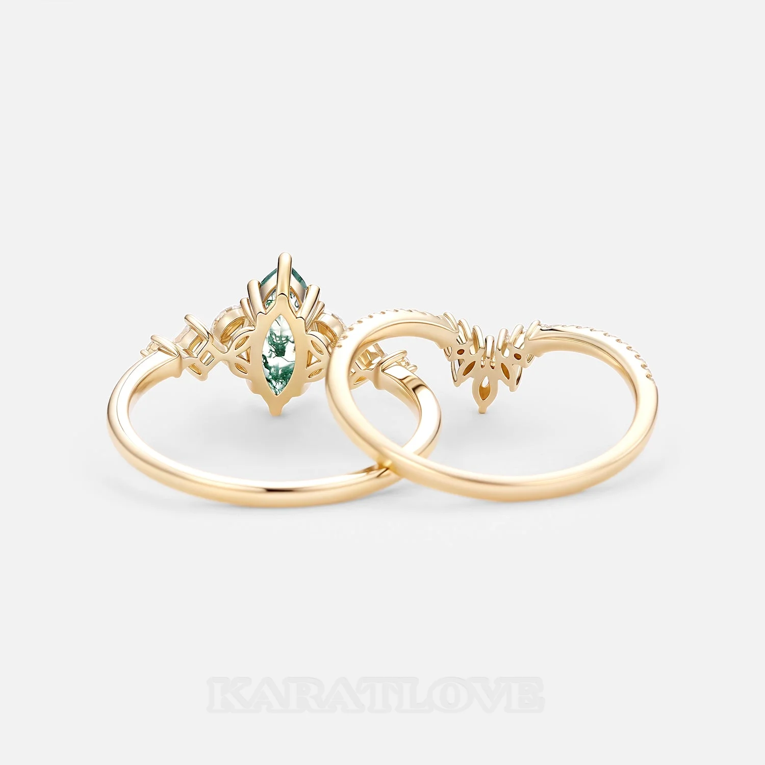 Marquise Cut Green Moss Agate Nature Inspired Yellow Gold Sterling Silver Bridal Ring Set