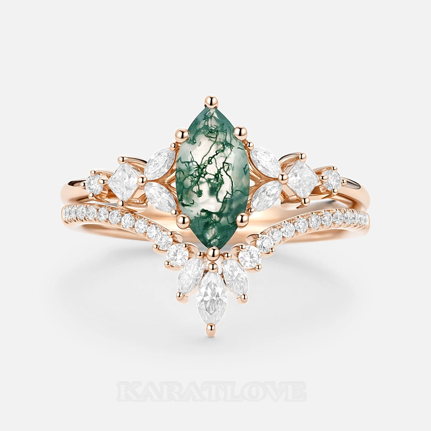Marquise Cut Green Moss Agate Nature Inspired Rose Gold Sterling Silver Bridal Ring Set