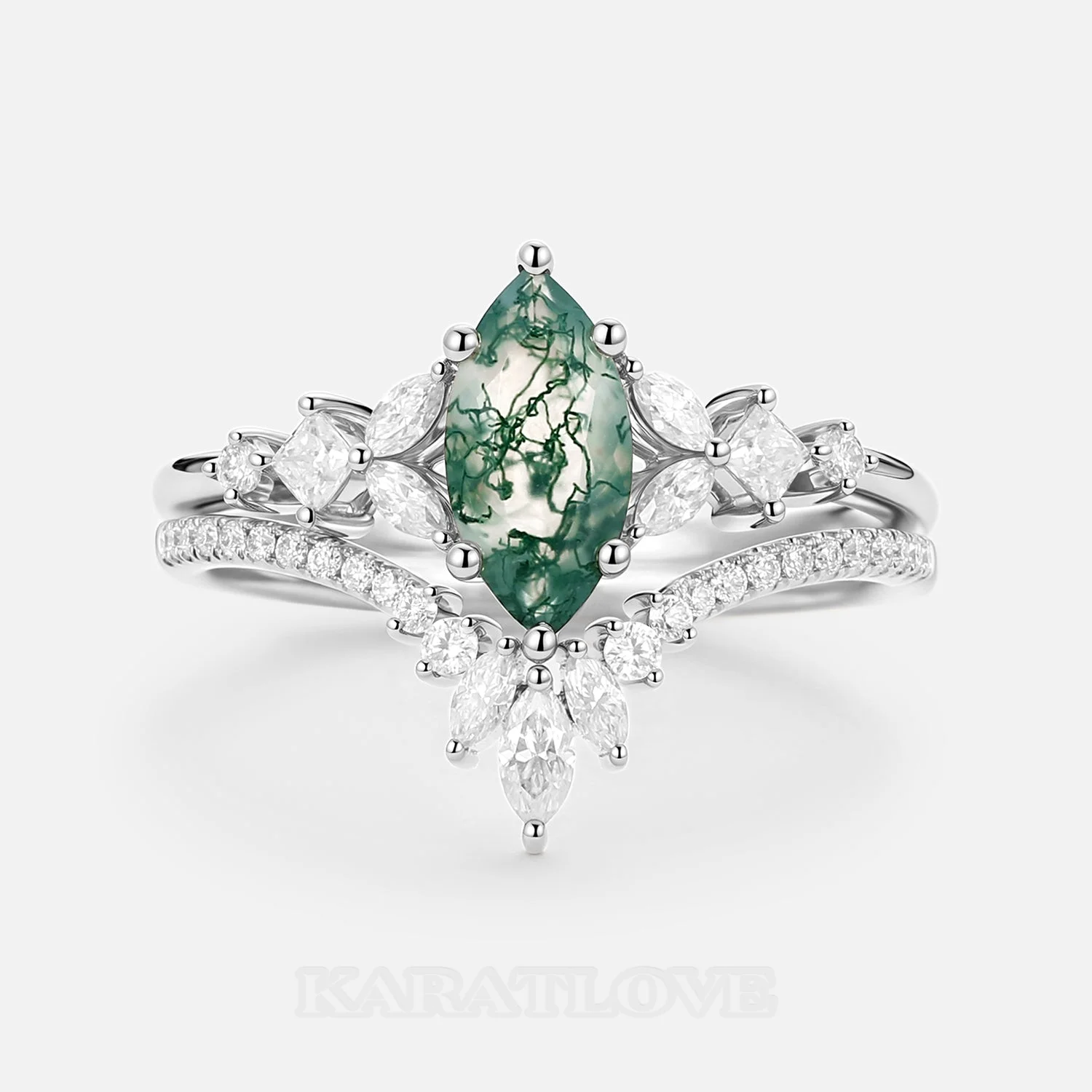 Marquise Cut Green Moss Agate Nature Inspired Sterling Silver Bridal Ring Set