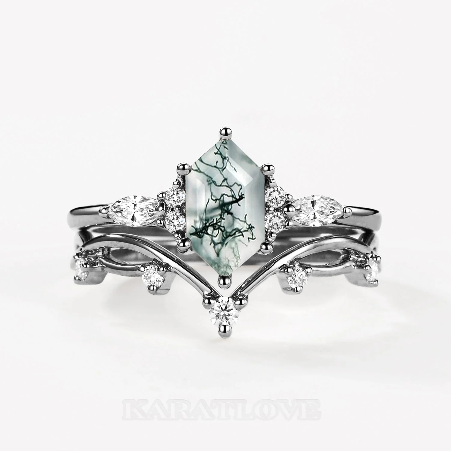 Hexagonal Cut Green Moss Agate Nature Inspired Black Sterling Silver Bridal Ring Set