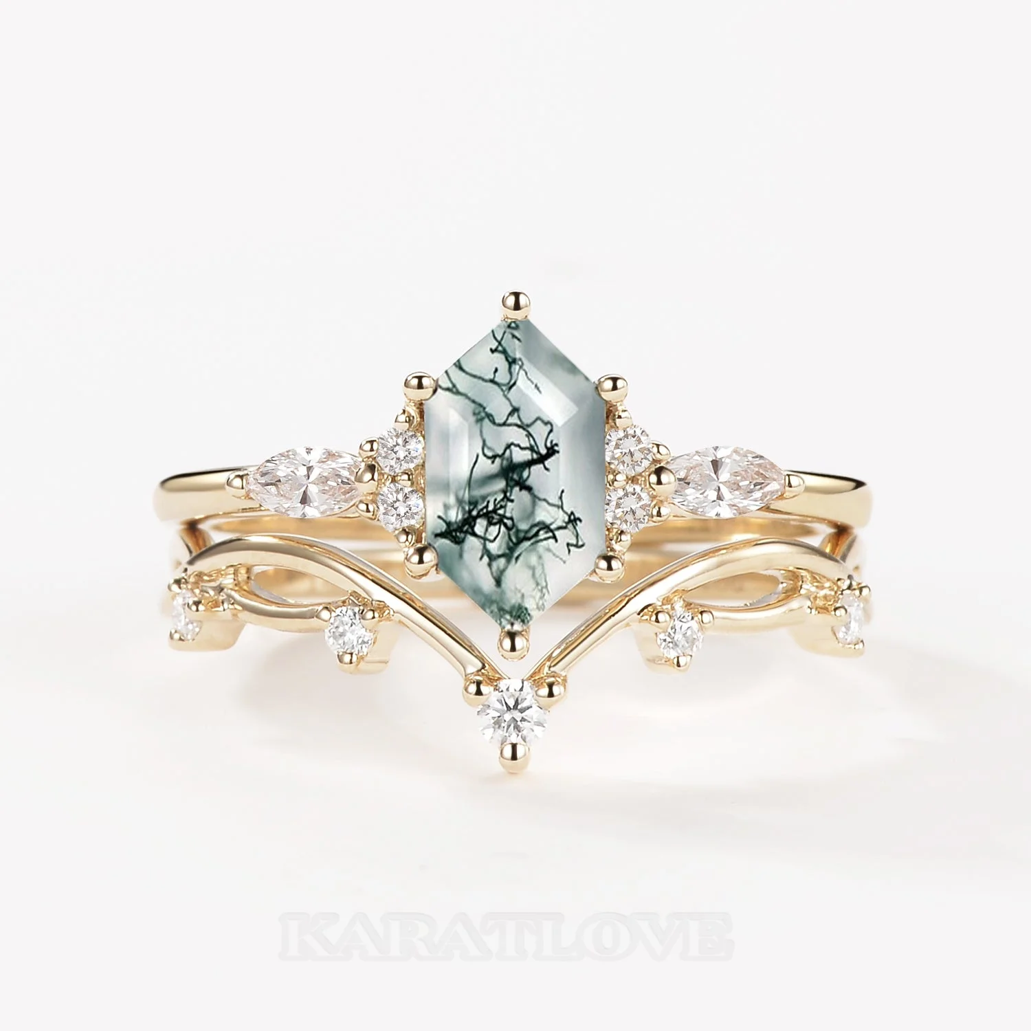 Hexagonal Cut Green Moss Agate Nature Inspired Yellow Gold Sterling Silver Bridal Ring Set