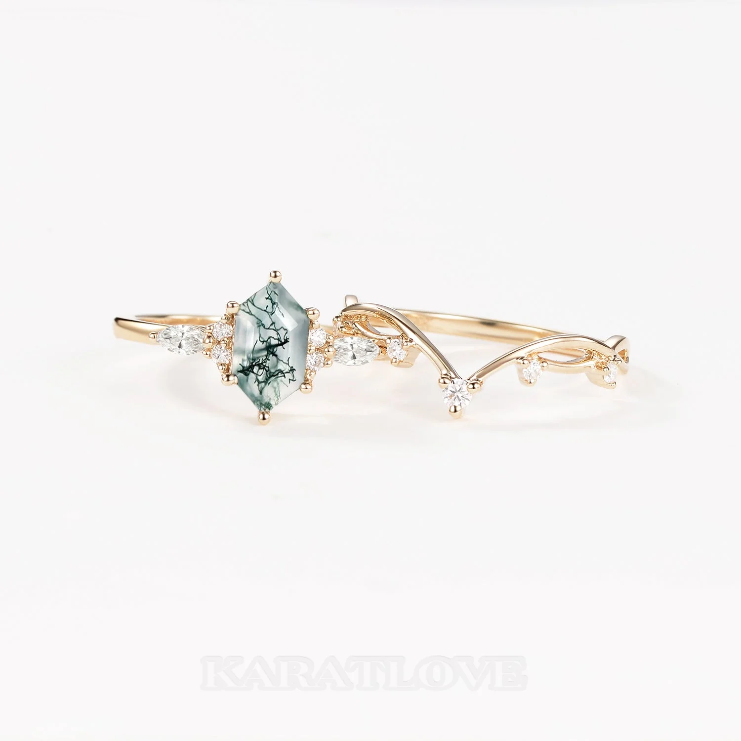 Hexagonal Cut Green Moss Agate Nature Inspired Yellow Gold Sterling Silver Bridal Ring Set