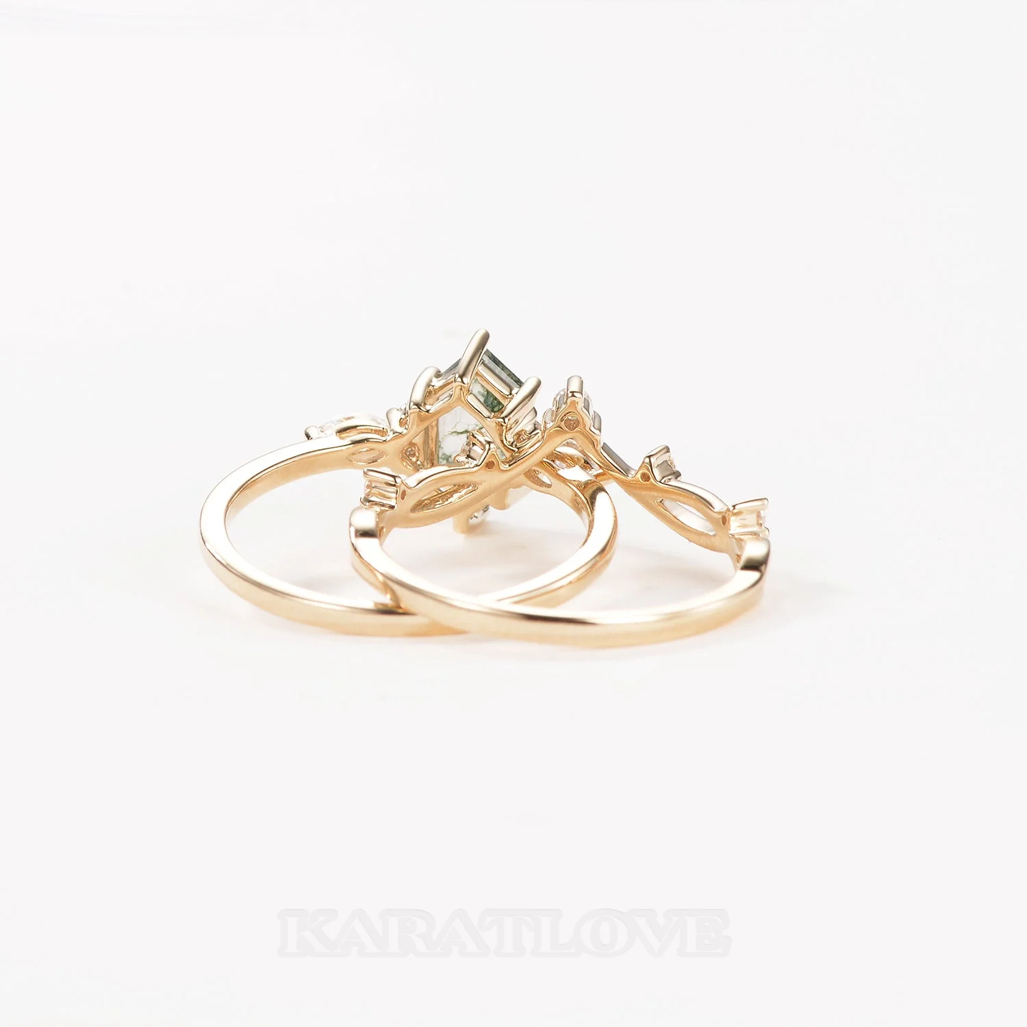 Hexagonal Cut Green Moss Agate Nature Inspired Yellow Gold Sterling Silver Bridal Ring Set