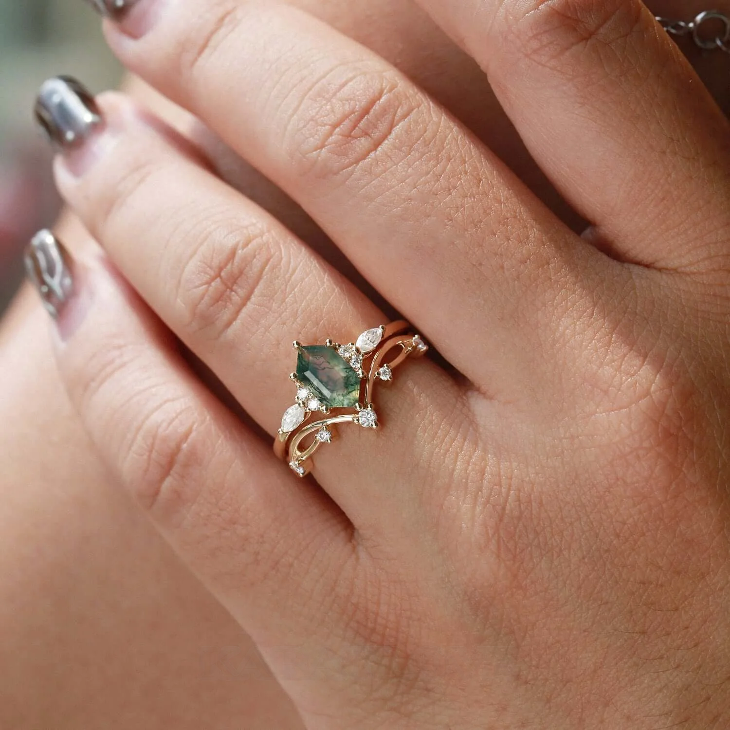 Hexagonal Cut Green Moss Agate Nature Inspired Yellow Gold Sterling Silver Bridal Ring Set