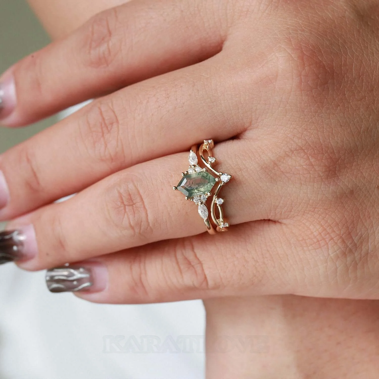 Hexagonal Cut Green Moss Agate Nature Inspired Yellow Gold Sterling Silver Bridal Ring Set